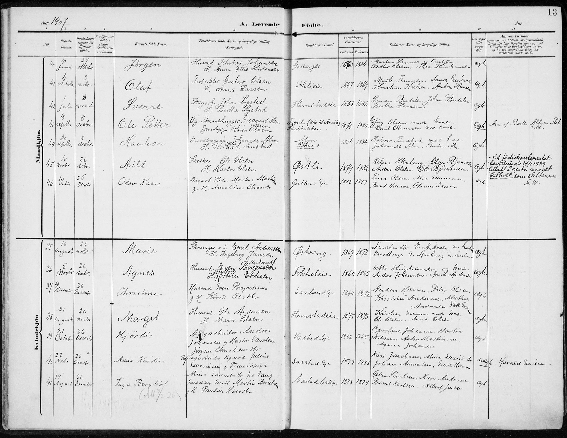 Stange prestekontor, AV/SAH-PREST-002/K/L0024: Parish register (official) no. 24, 1906-1922, p. 13