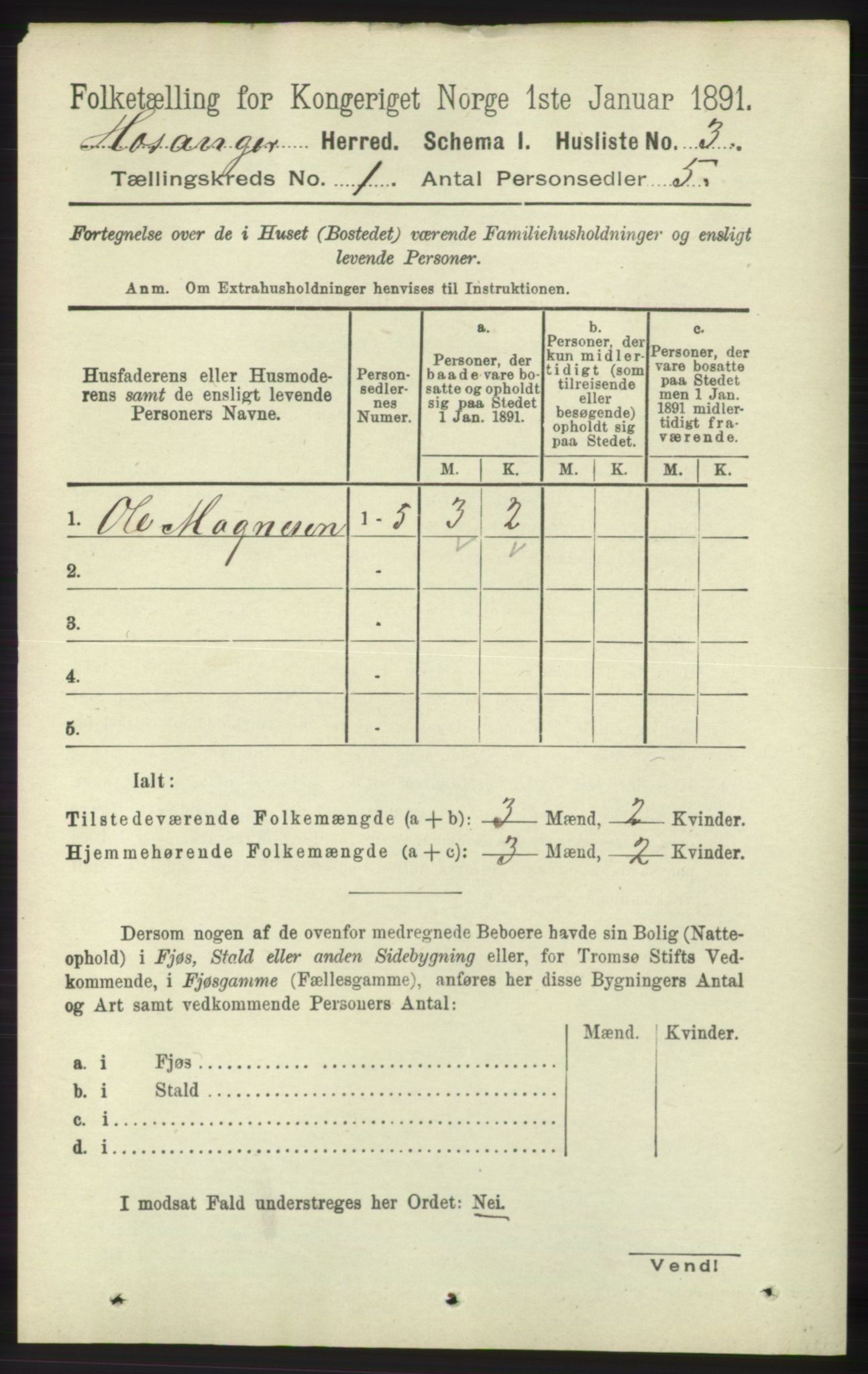RA, 1891 census for 1253 Hosanger, 1891, p. 32
