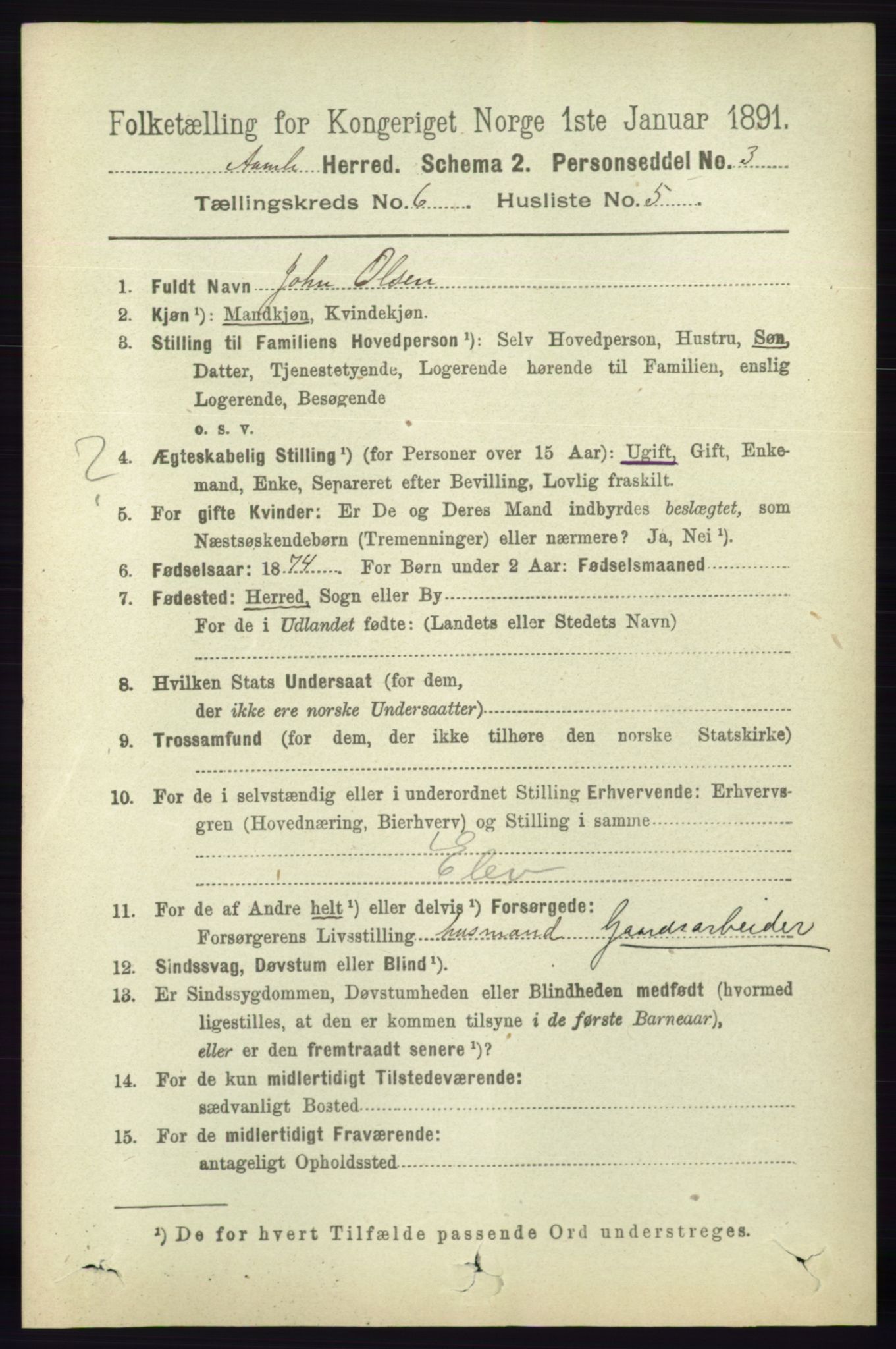 RA, 1891 census for 0929 Åmli, 1891, p. 912