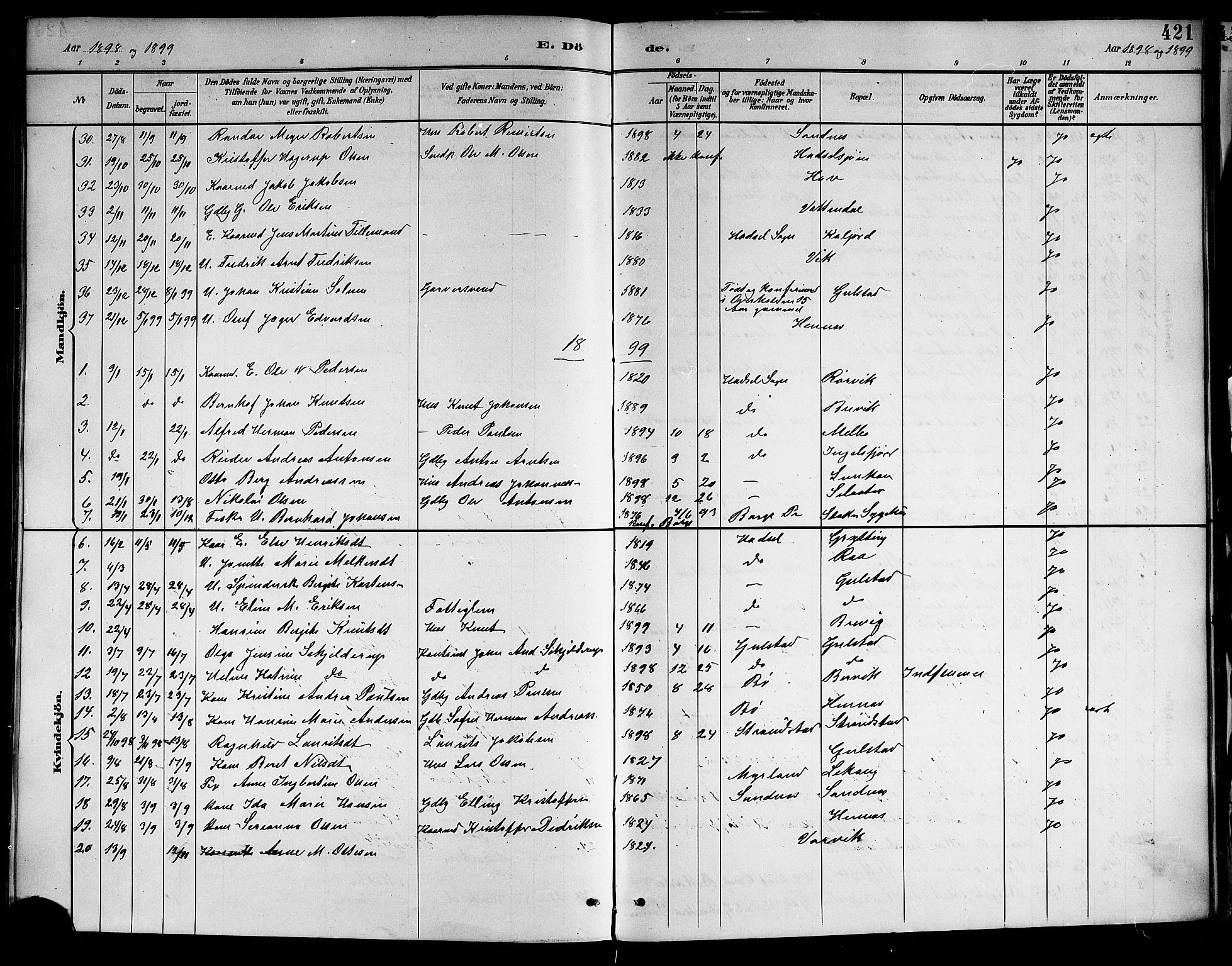 Ministerialprotokoller, klokkerbøker og fødselsregistre - Nordland, AV/SAT-A-1459/888/L1268: Parish register (copy) no. 888C06, 1891-1908, p. 421