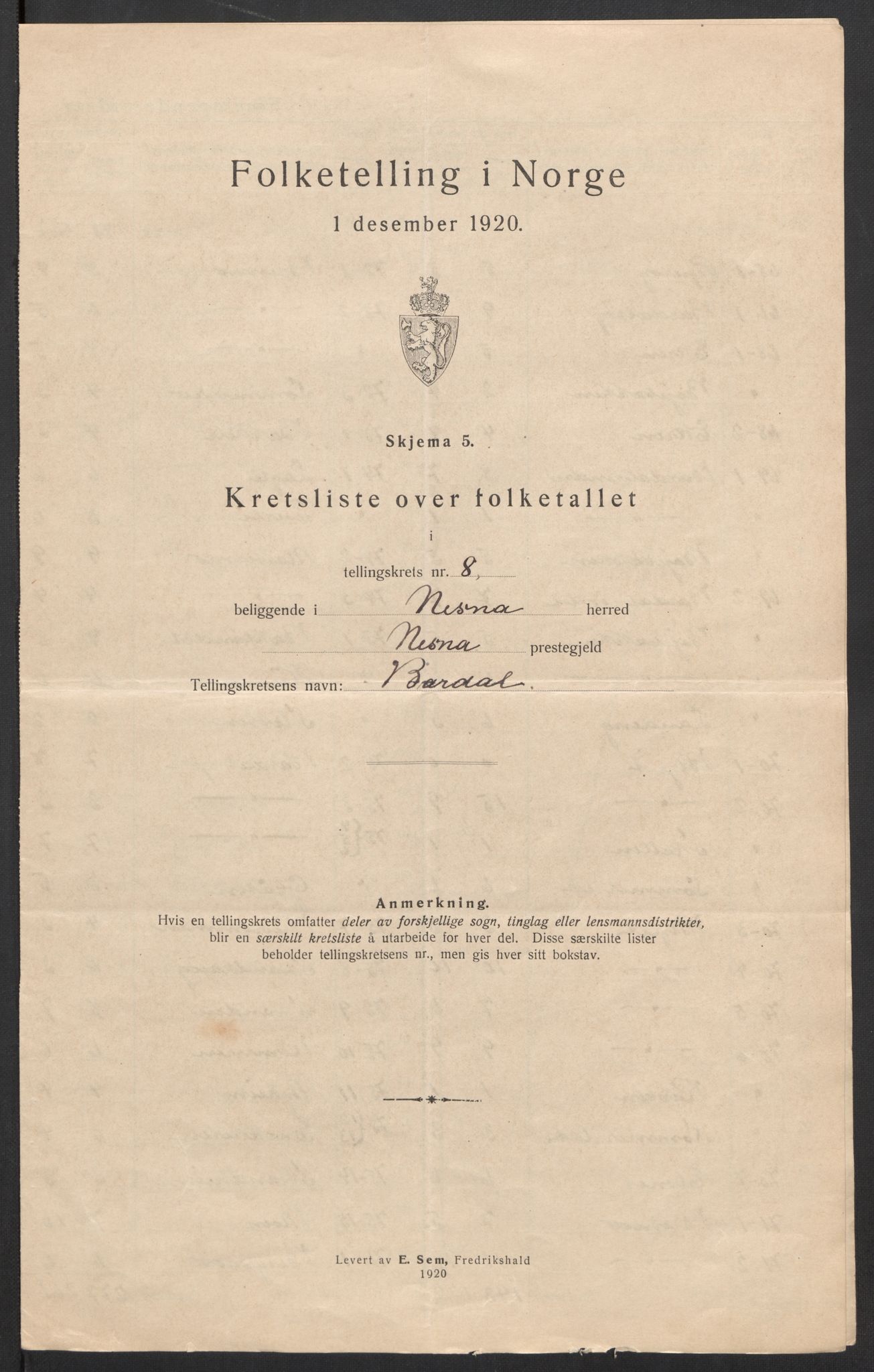 SAT, 1920 census for Nesna, 1920, p. 22