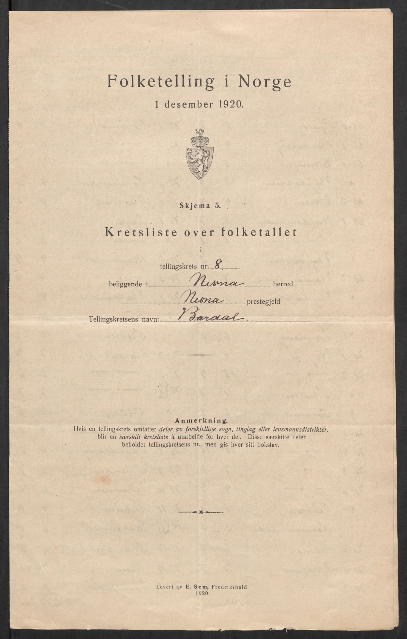 SAT, 1920 census for Nesna, 1920, p. 22