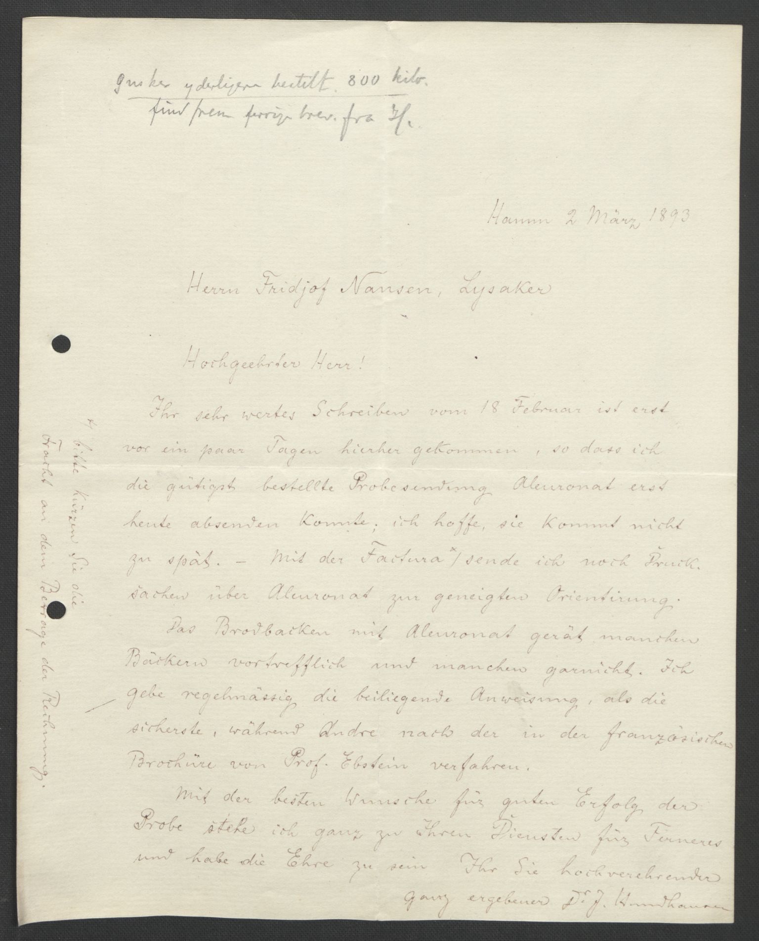 Arbeidskomitéen for Fridtjof Nansens polarekspedisjon, AV/RA-PA-0061/D/L0004: Innk. brev og telegrammer vedr. proviant og utrustning, 1892-1893, p. 714