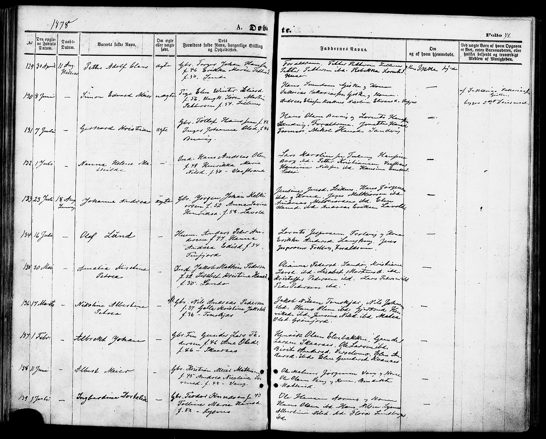 Lenvik sokneprestembete, SATØ/S-1310/H/Ha/Haa/L0010kirke: Parish register (official) no. 10, 1873-1880, p. 71
