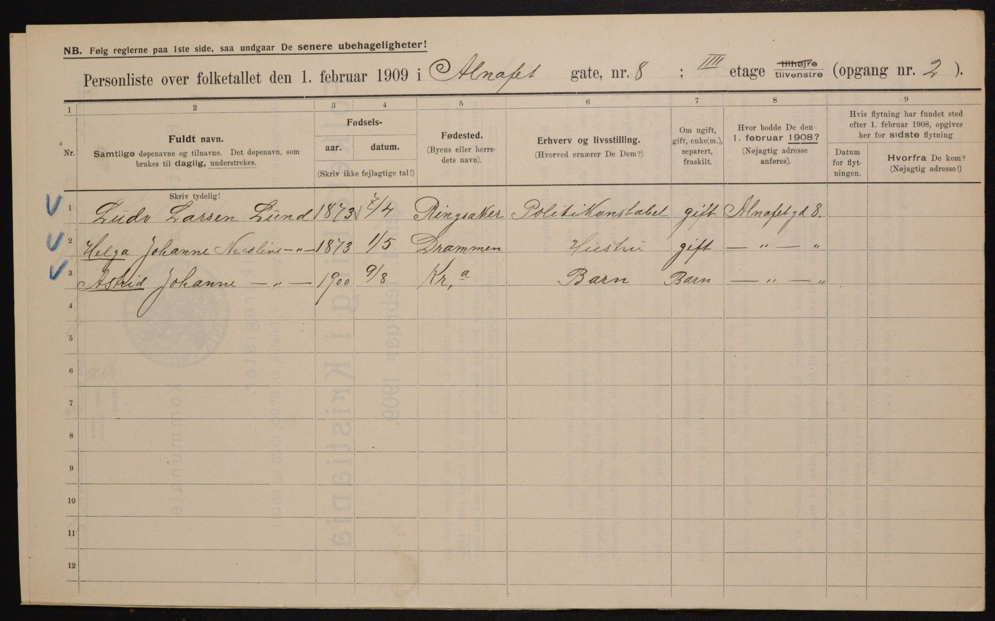 OBA, Municipal Census 1909 for Kristiania, 1909, p. 1149