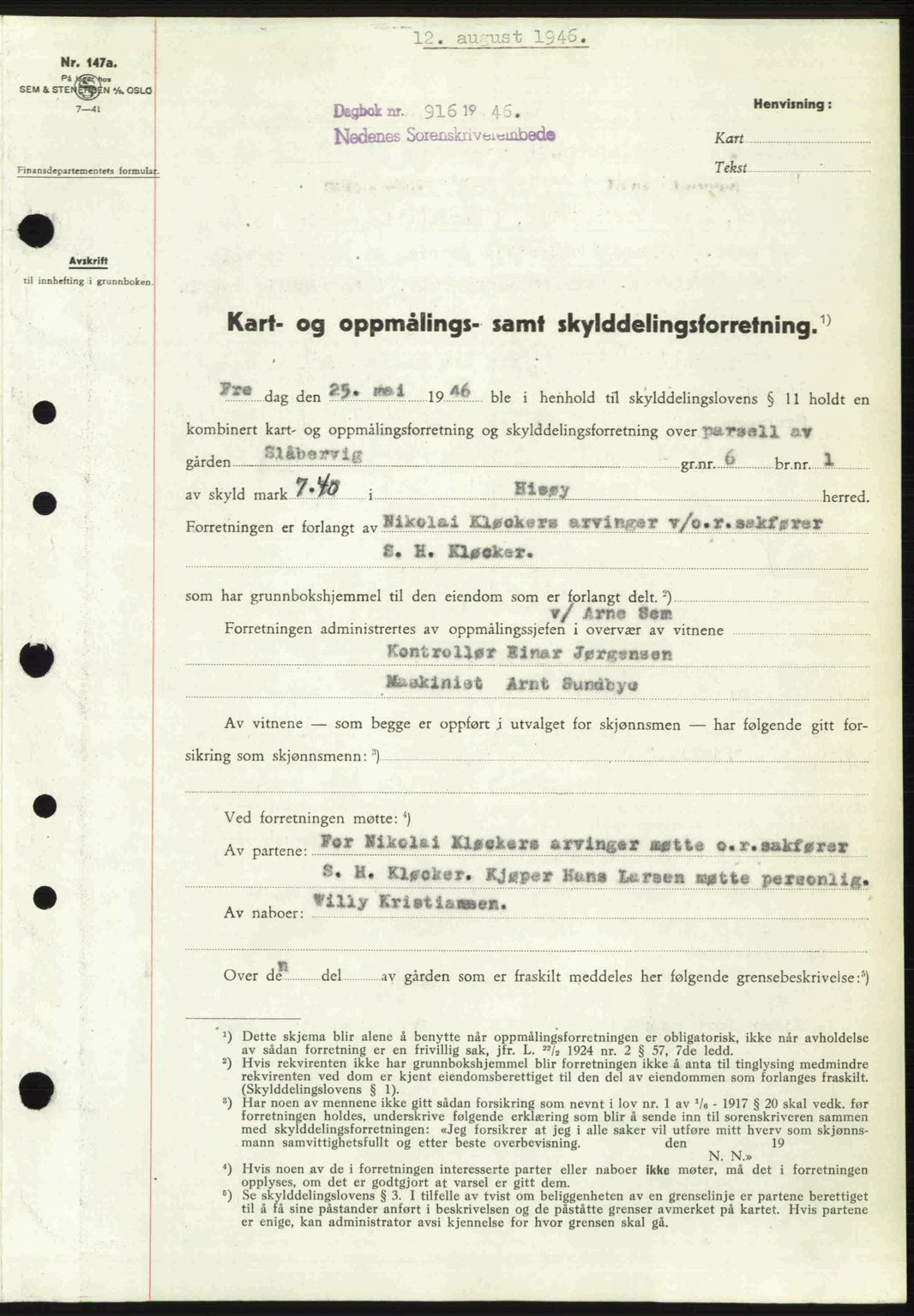 Nedenes sorenskriveri, SAK/1221-0006/G/Gb/Gba/L0055: Mortgage book no. A7, 1946-1946, Diary no: : 916/1946