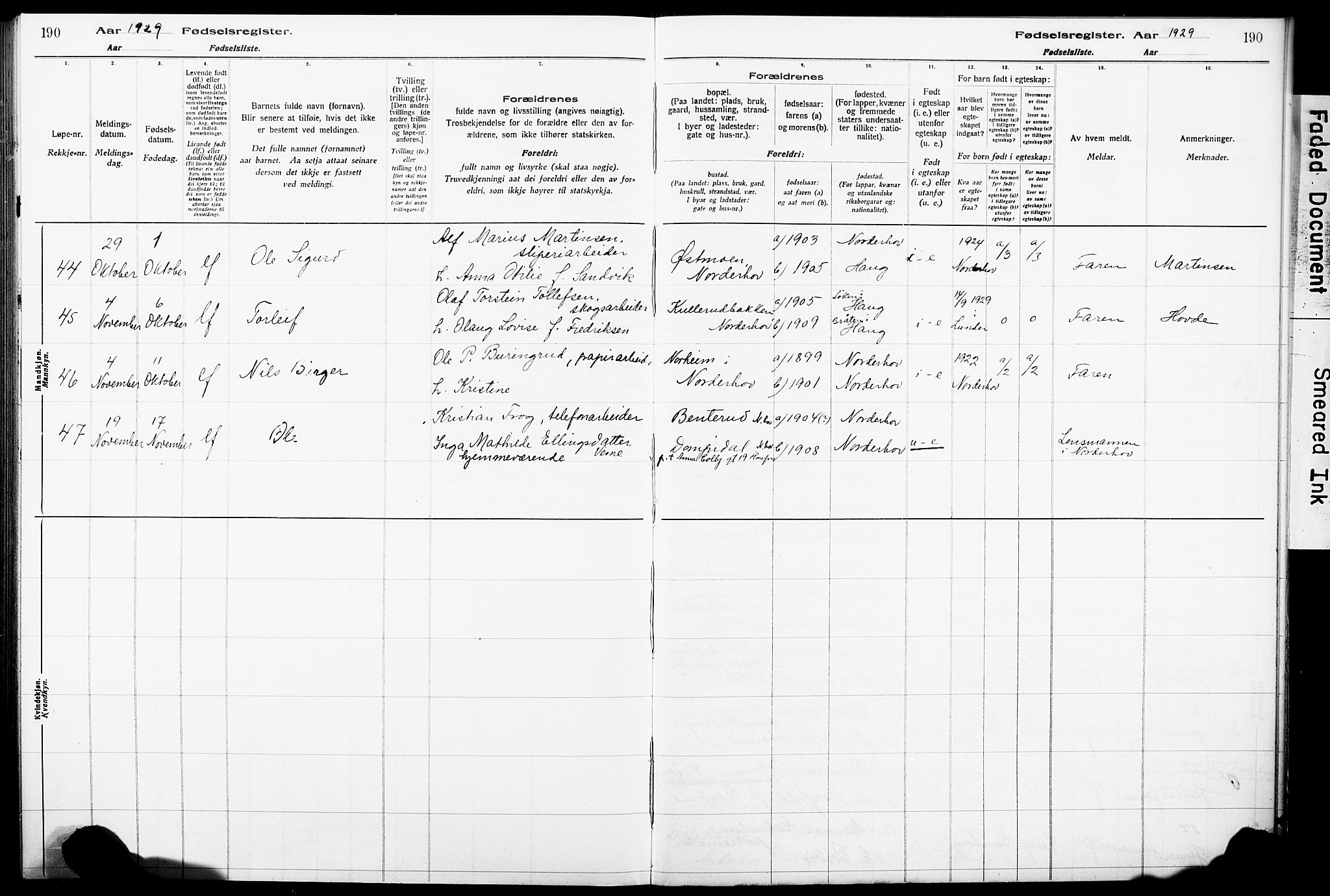 Norderhov kirkebøker, AV/SAKO-A-237/J/Ja/L0001: Birth register no. 1, 1916-1930, p. 190