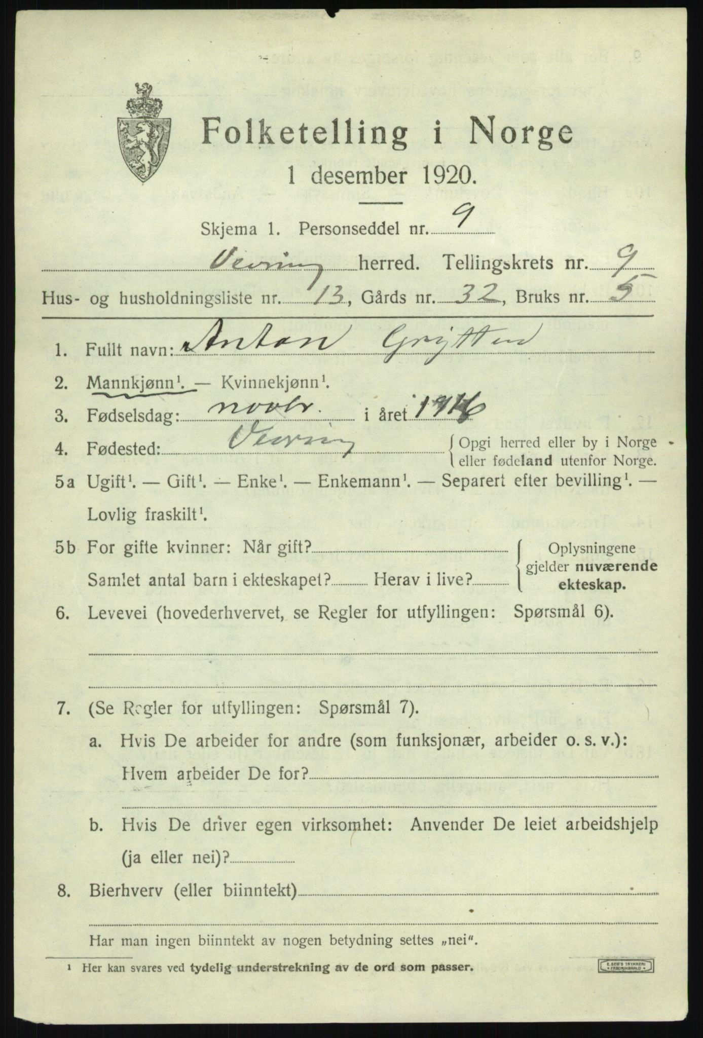 SAB, 1920 census for Vevring, 1920, p. 2524