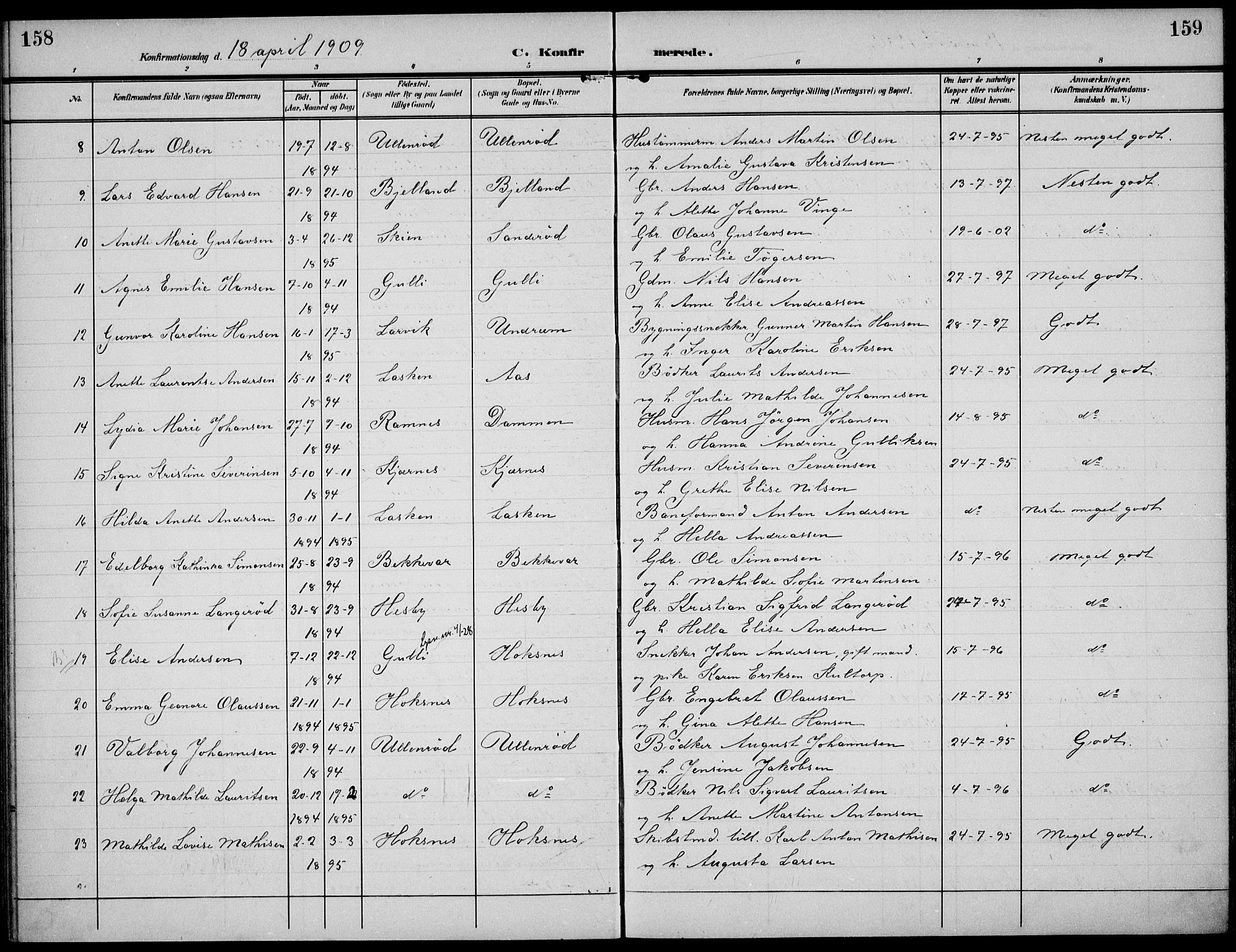 Sem kirkebøker, SAKO/A-5/F/Fa/L0012: Parish register (official) no. I 12, 1905-1915, p. 158-159
