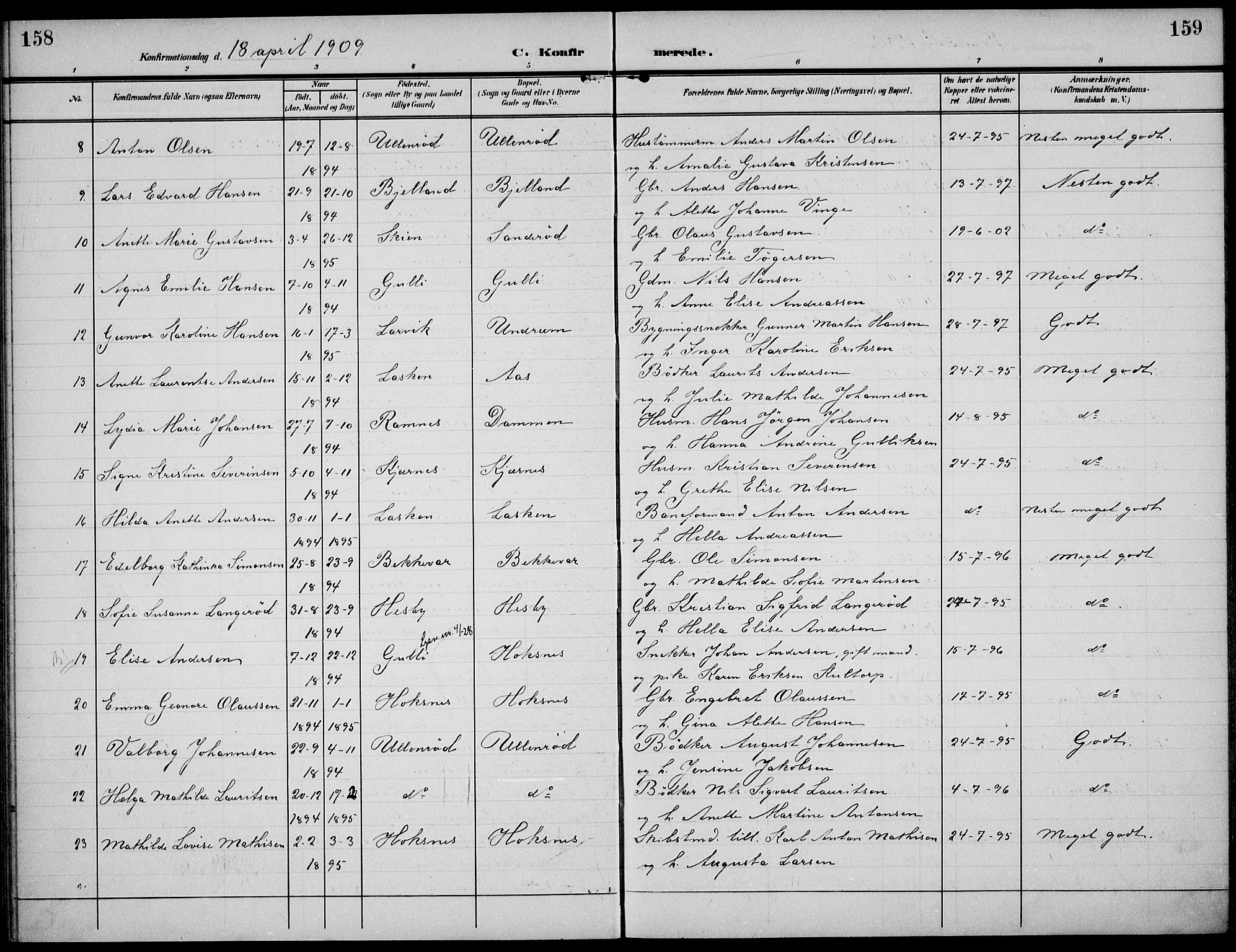 Sem kirkebøker, AV/SAKO-A-5/F/Fa/L0012: Parish register (official) no. I 12, 1905-1915, p. 158-159