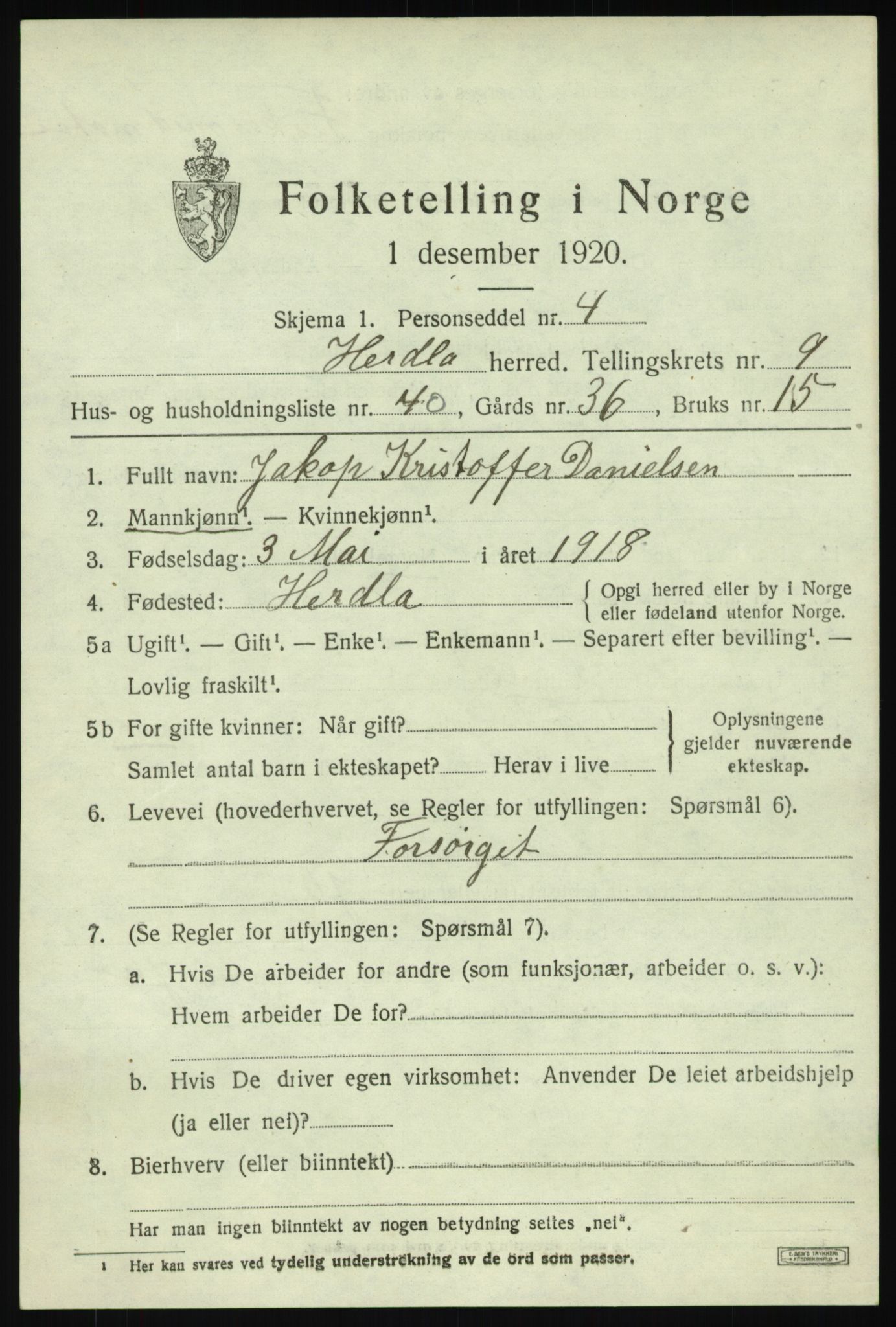 SAB, 1920 census for Herdla, 1920, p. 6851