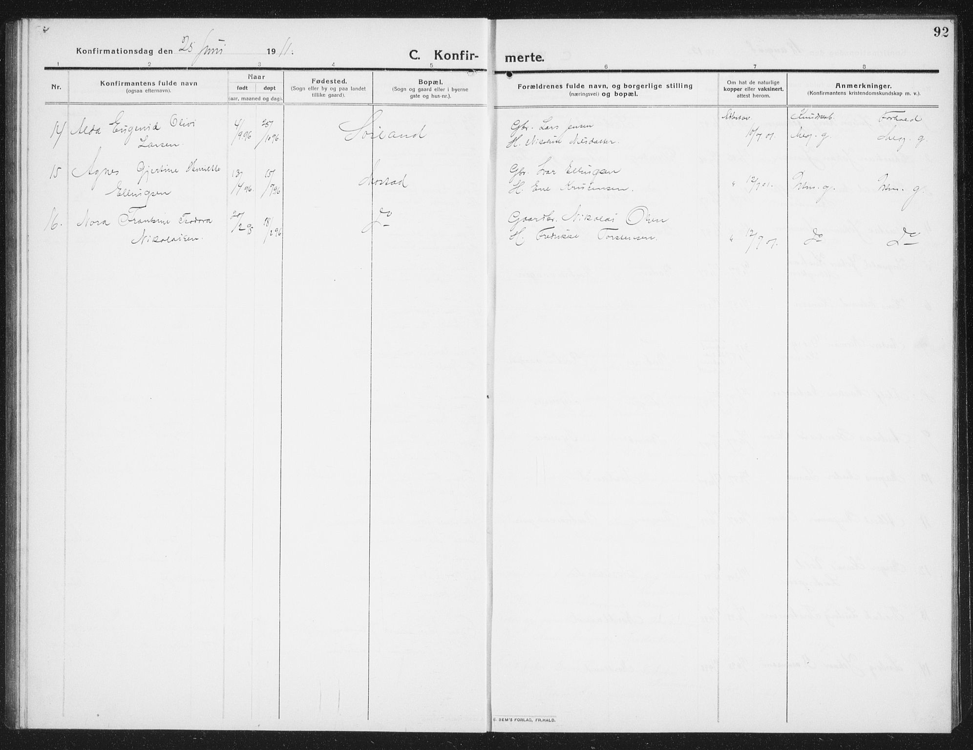 Ministerialprotokoller, klokkerbøker og fødselsregistre - Nordland, AV/SAT-A-1459/807/L0124: Parish register (copy) no. 807C02, 1910-1935, p. 92