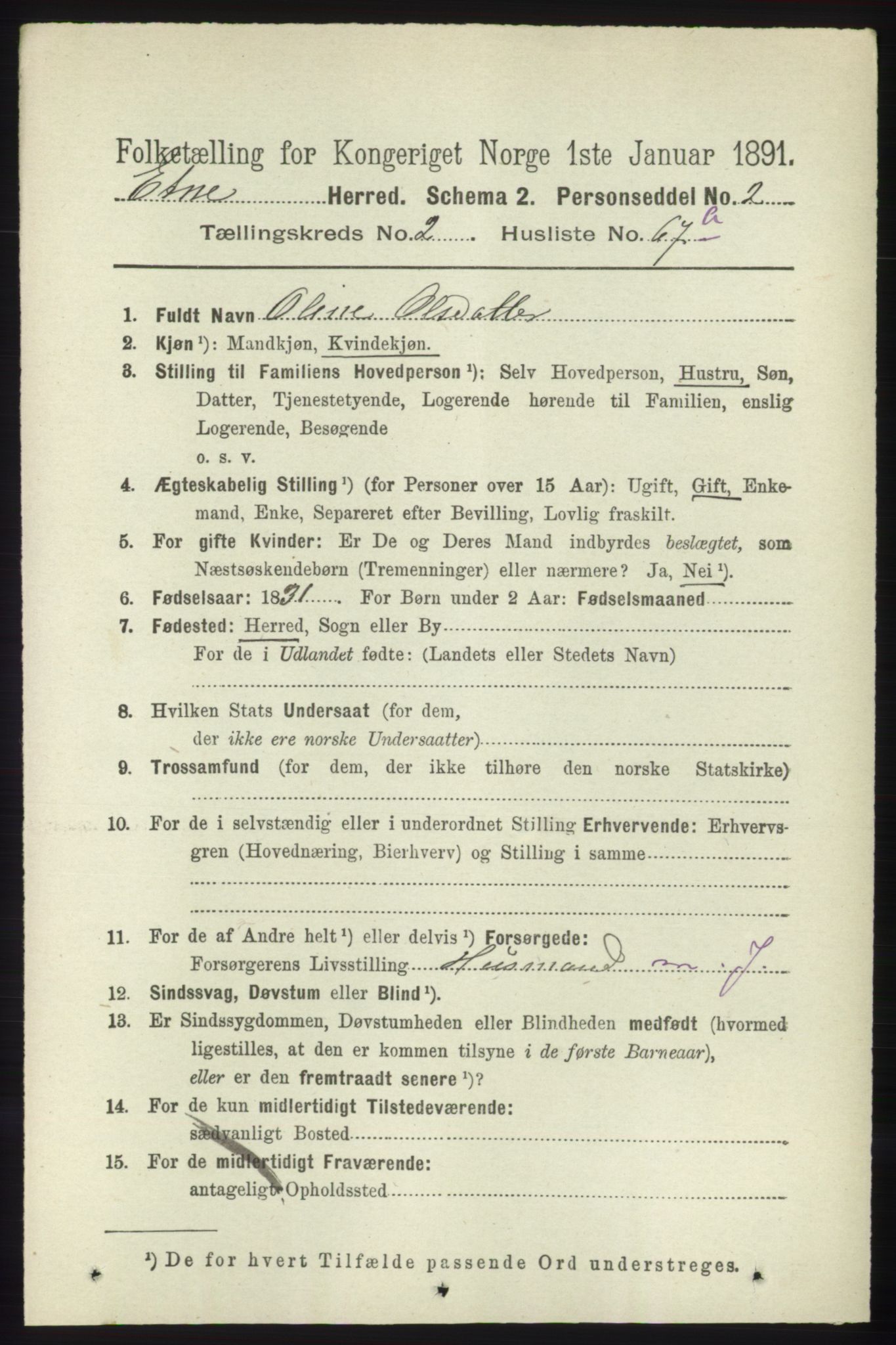 RA, 1891 census for 1211 Etne, 1891, p. 657