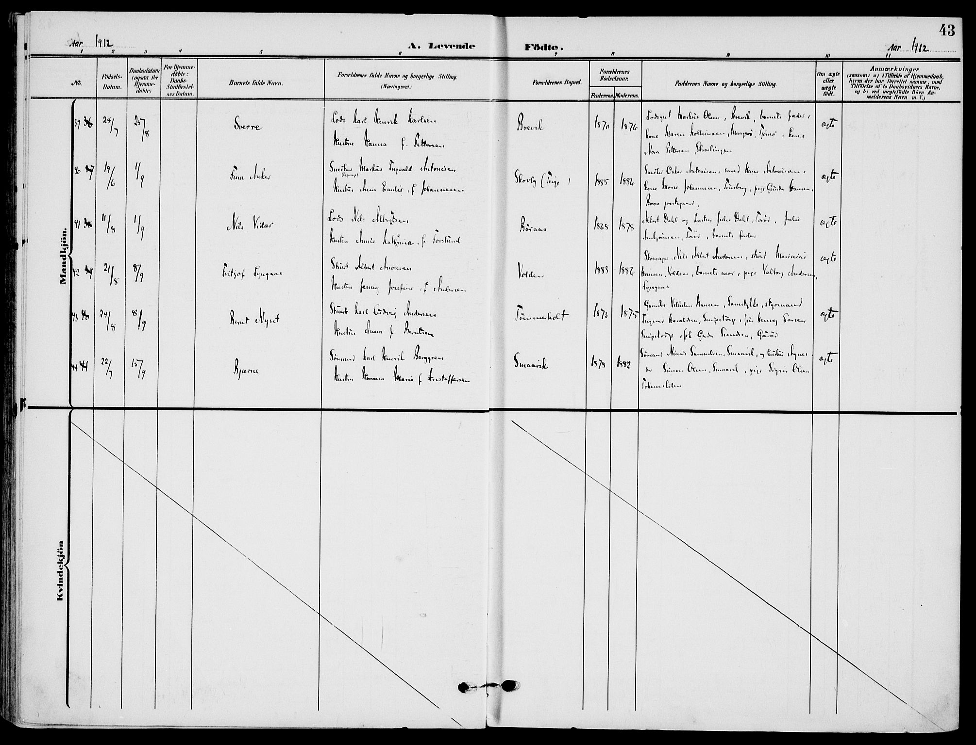 Nøtterøy kirkebøker, AV/SAKO-A-354/F/Fa/L0010: Parish register (official) no. I 10, 1908-1919, p. 43