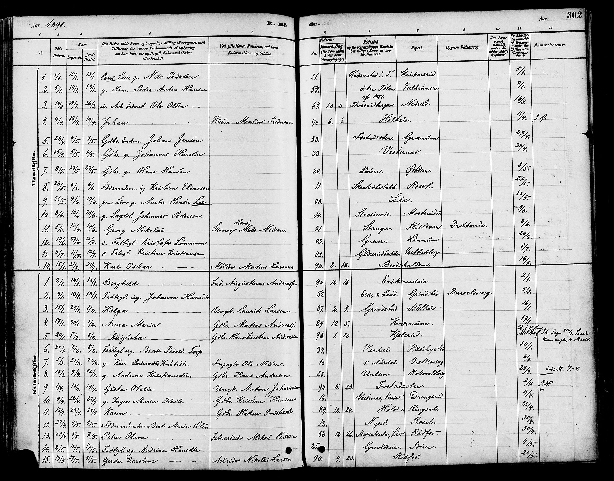 Vestre Toten prestekontor, SAH/PREST-108/H/Ha/Haa/L0009: Parish register (official) no. 9, 1878-1894, p. 302