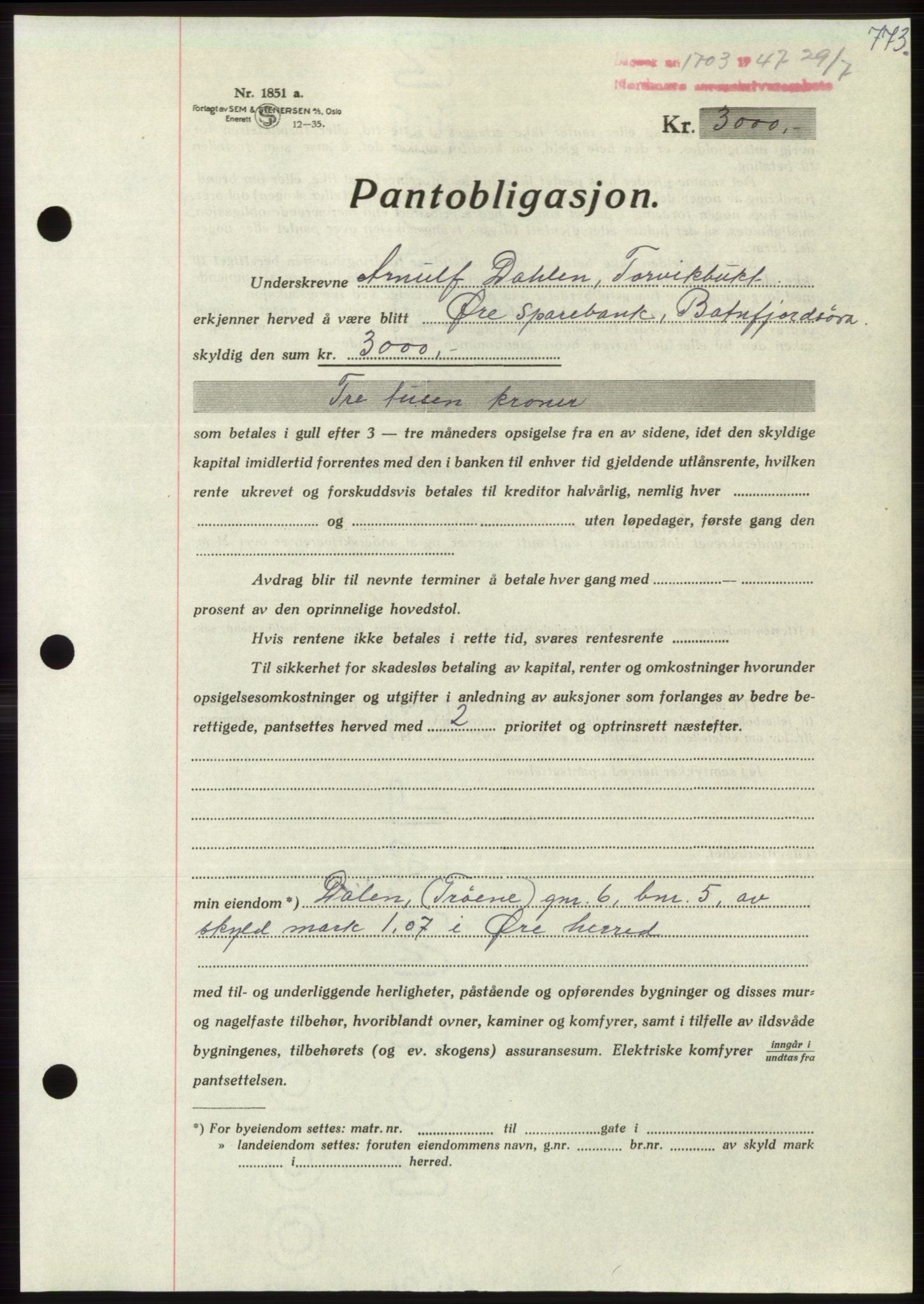 Nordmøre sorenskriveri, AV/SAT-A-4132/1/2/2Ca: Mortgage book no. B96, 1947-1947, Diary no: : 1703/1947