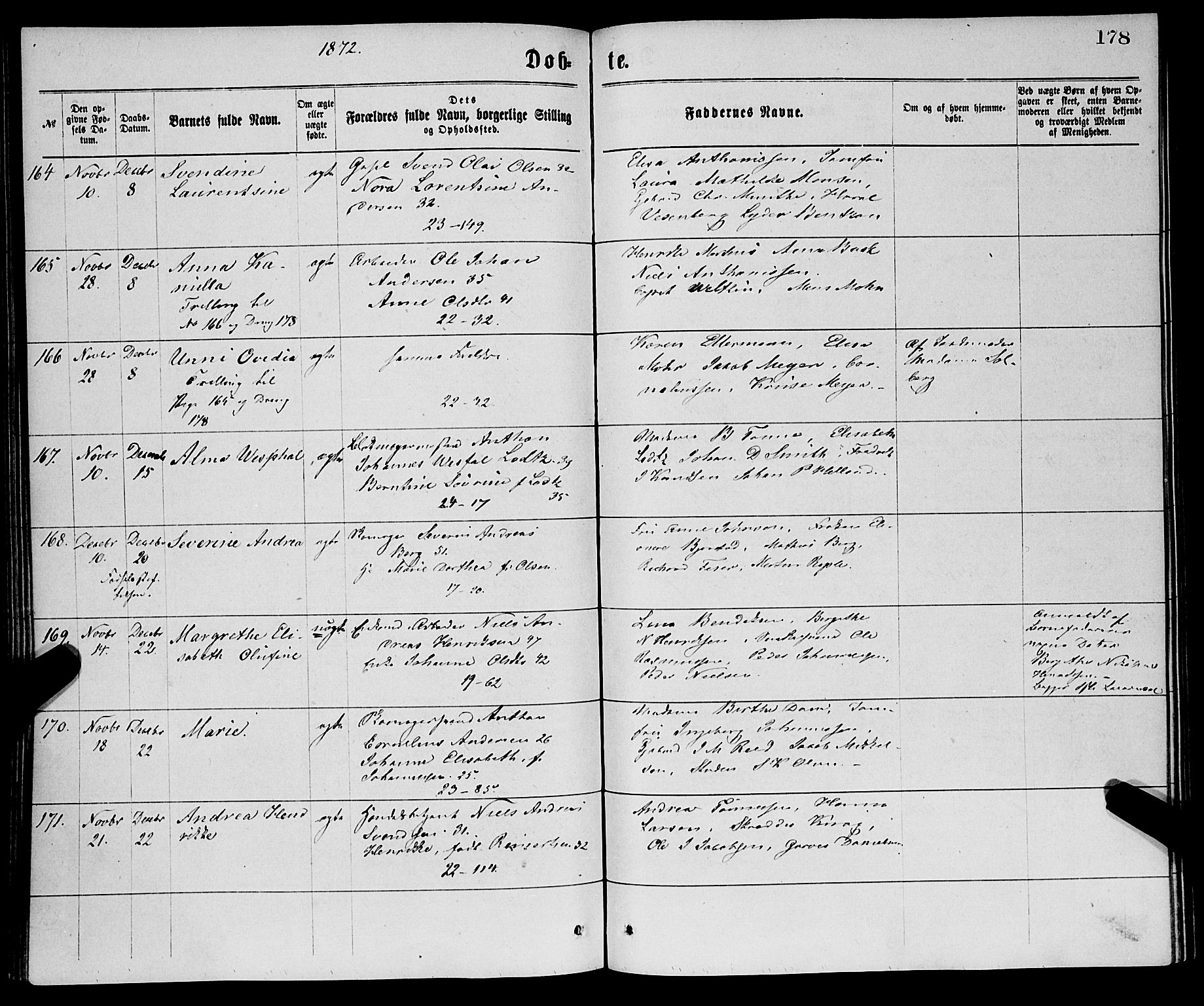 Korskirken sokneprestembete, AV/SAB-A-76101/H/Haa/L0020: Parish register (official) no. B 6, 1871-1878, p. 178