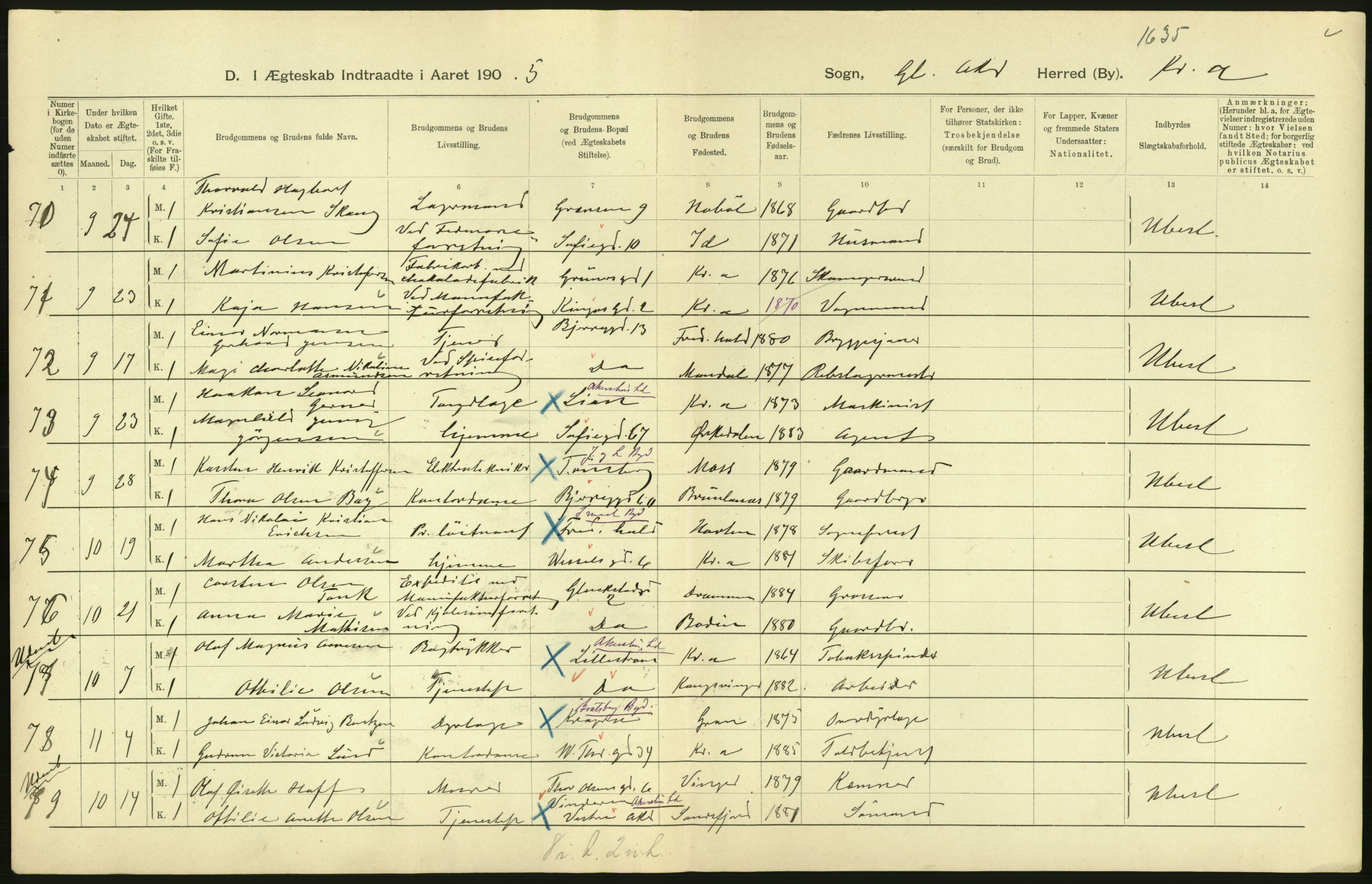 Statistisk sentralbyrå, Sosiodemografiske emner, Befolkning, AV/RA-S-2228/D/Df/Dfa/Dfac/L0007b: Kristiania: Gifte, 1905, p. 24