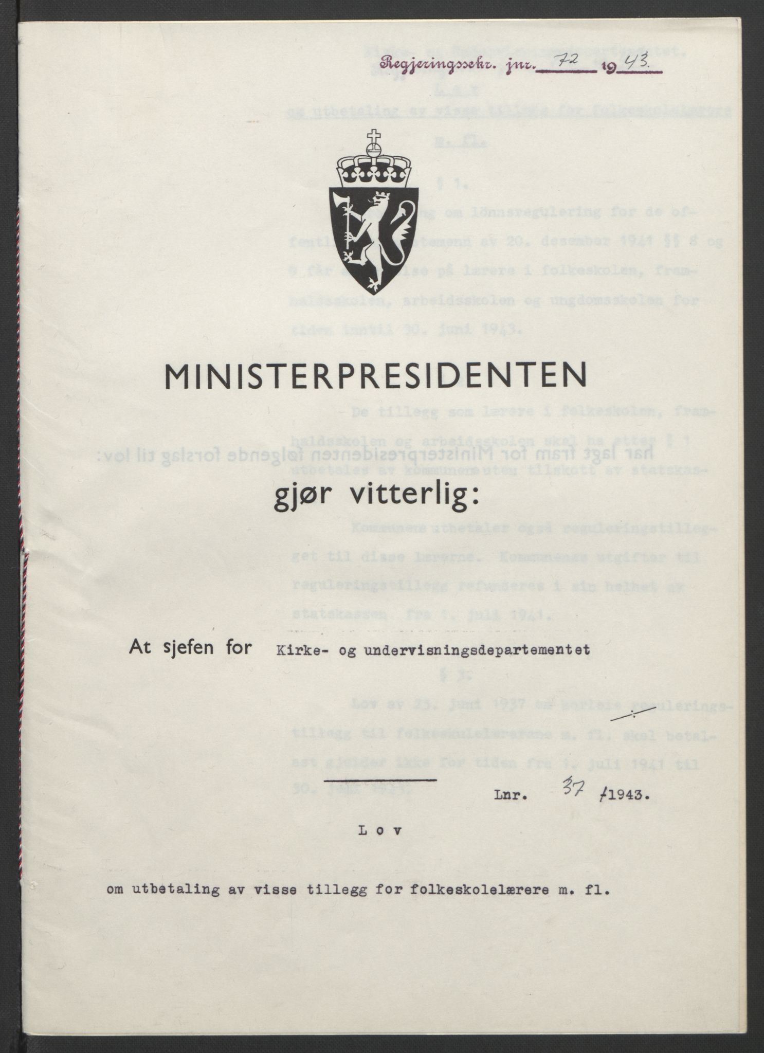 NS-administrasjonen 1940-1945 (Statsrådsekretariatet, de kommisariske statsråder mm), AV/RA-S-4279/D/Db/L0099: Lover, 1943, p. 158