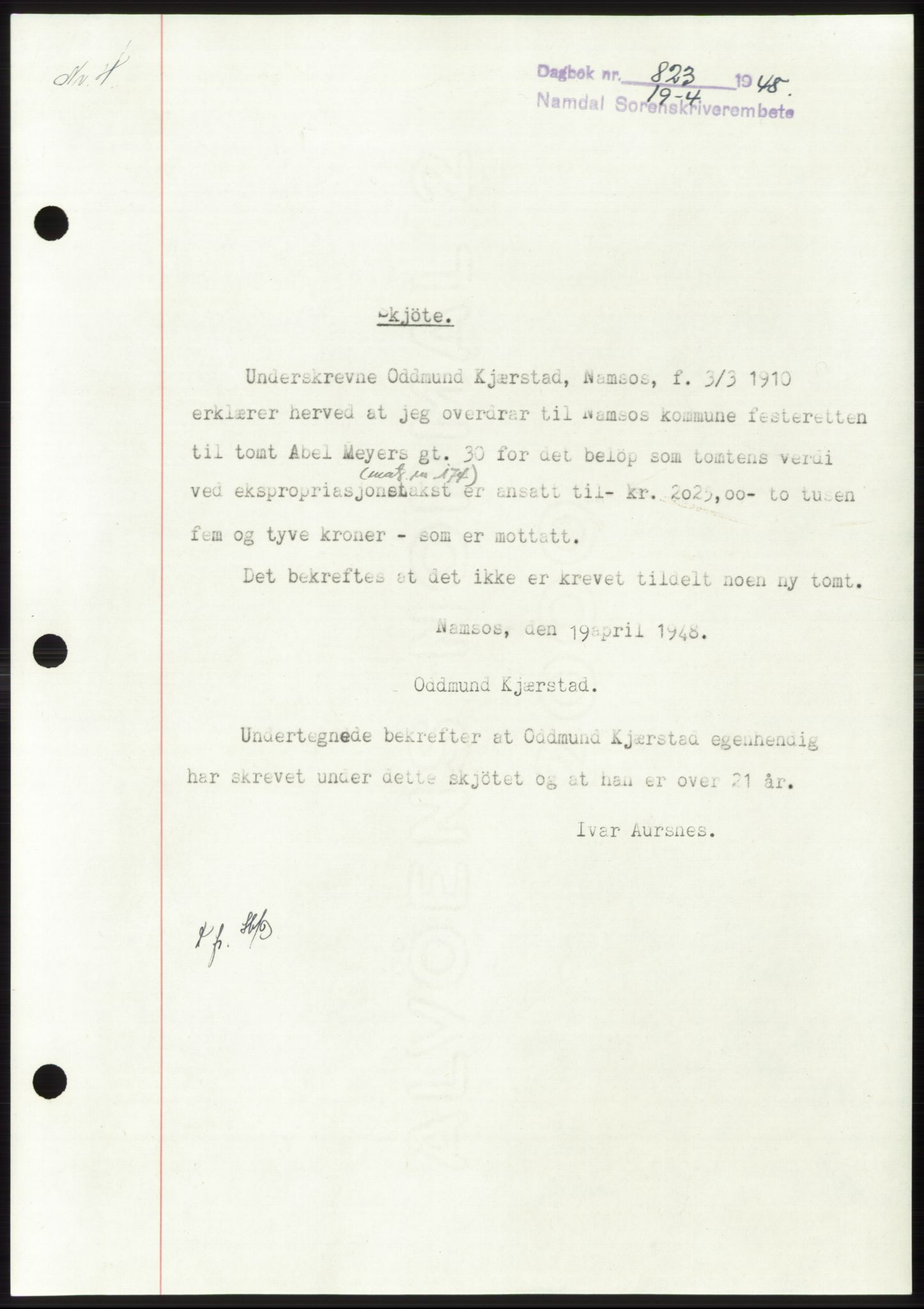 Namdal sorenskriveri, SAT/A-4133/1/2/2C: Mortgage book no. -, 1947-1948, Diary no: : 823/1948