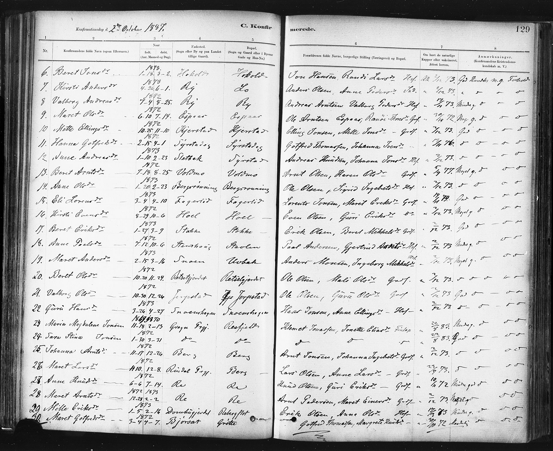 Ministerialprotokoller, klokkerbøker og fødselsregistre - Sør-Trøndelag, SAT/A-1456/672/L0857: Parish register (official) no. 672A09, 1882-1893, p. 129
