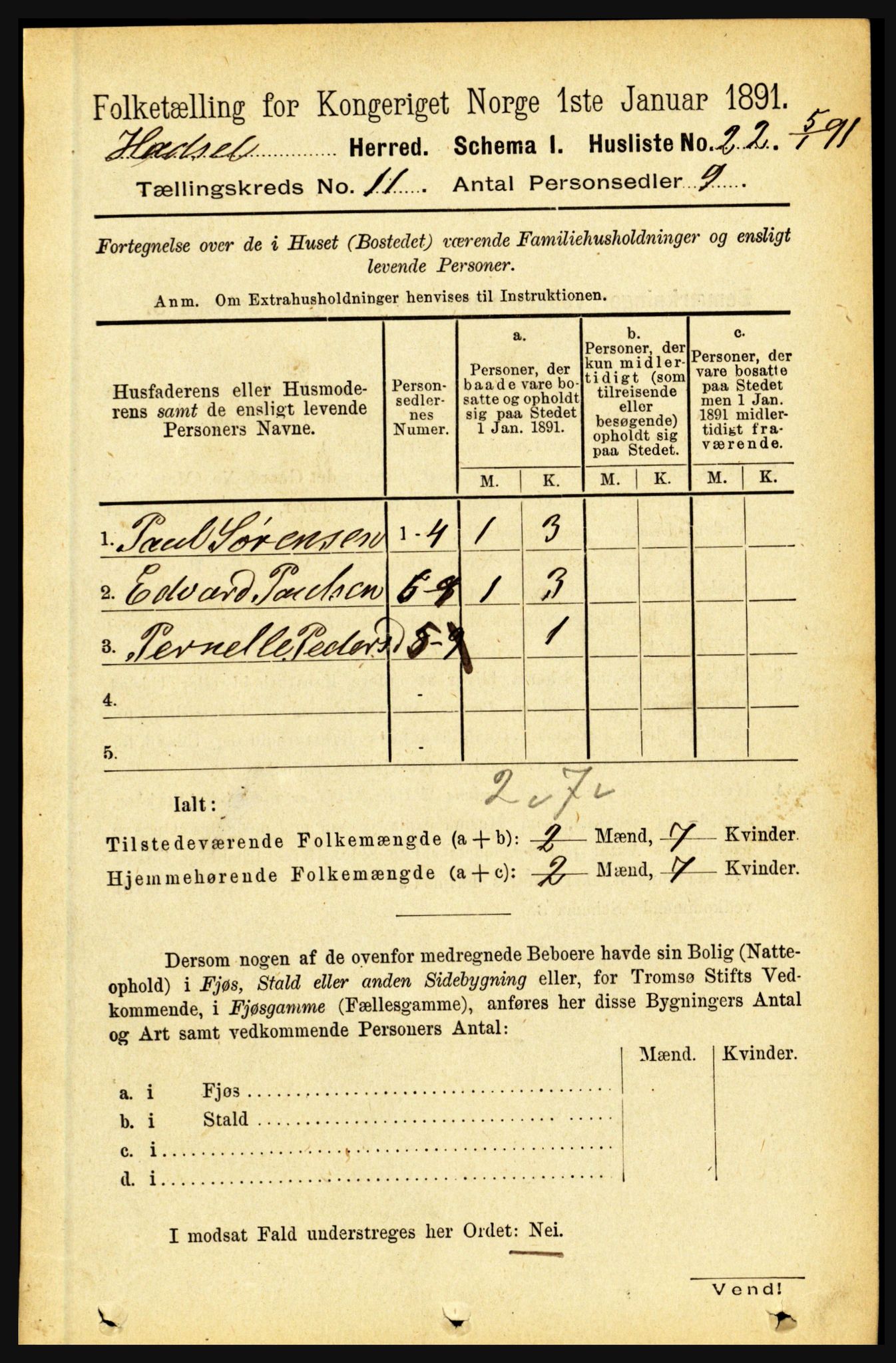 RA, 1891 census for 1866 Hadsel, 1891, p. 4664
