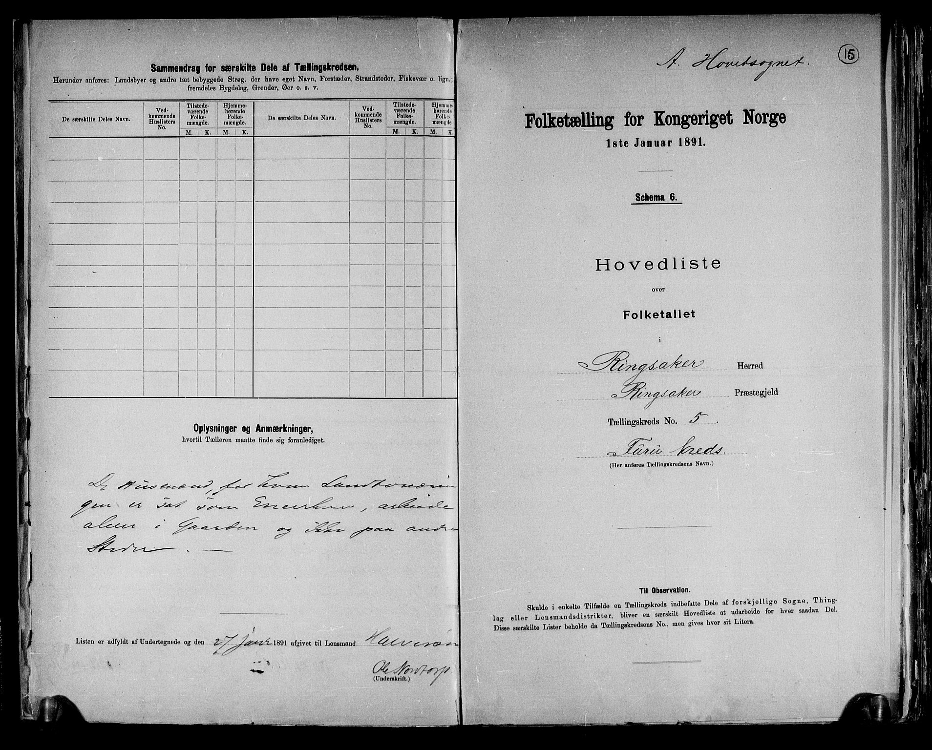 RA, 1891 census for 0412 Ringsaker, 1891, p. 15