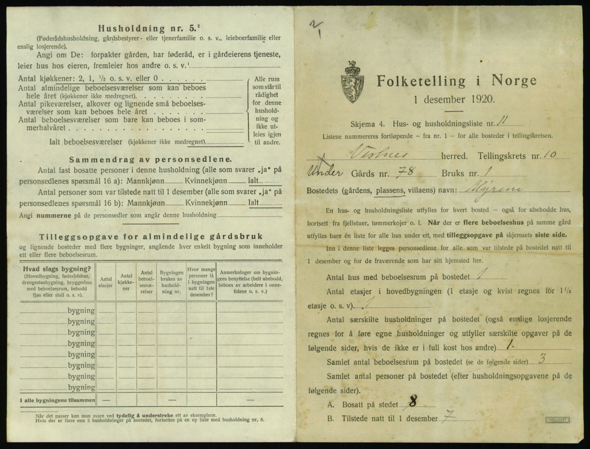 SAT, 1920 census for Vestnes, 1920, p. 1067