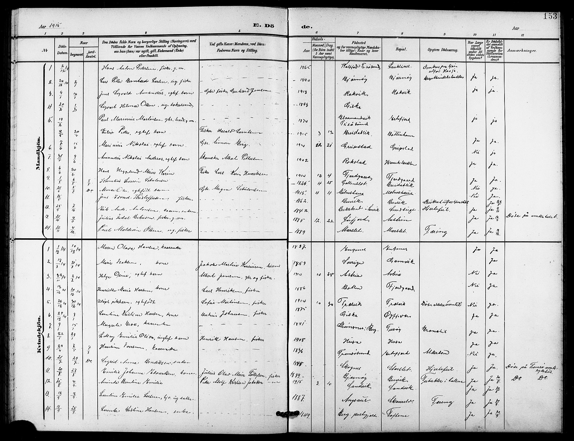 Lenvik sokneprestembete, AV/SATØ-S-1310/H/Ha/Hab/L0022klokker: Parish register (copy) no. 22, 1901-1918, p. 153