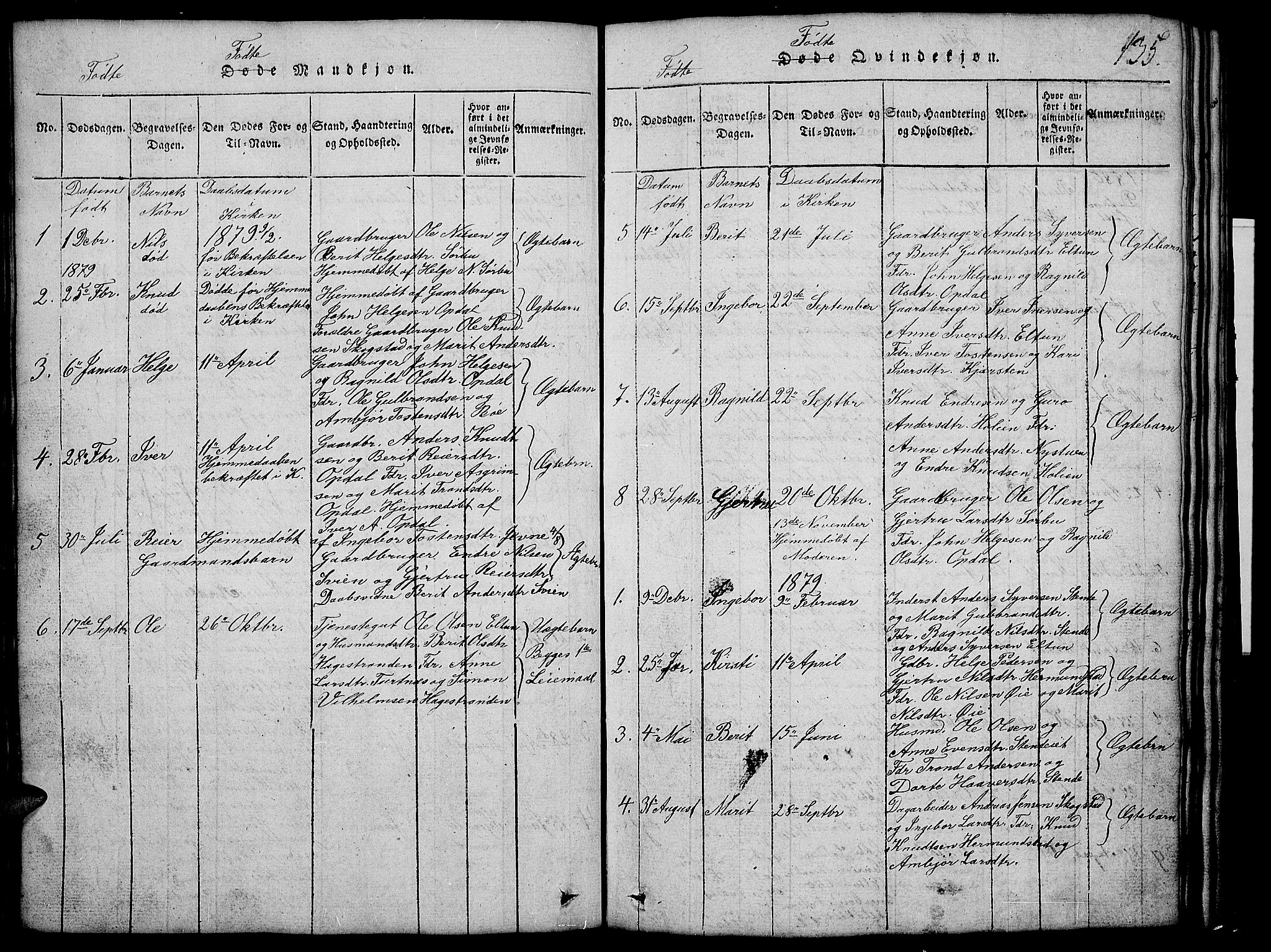 Vang prestekontor, Valdres, AV/SAH-PREST-140/H/Hb/L0002: Parish register (copy) no. 2, 1814-1889, p. 135