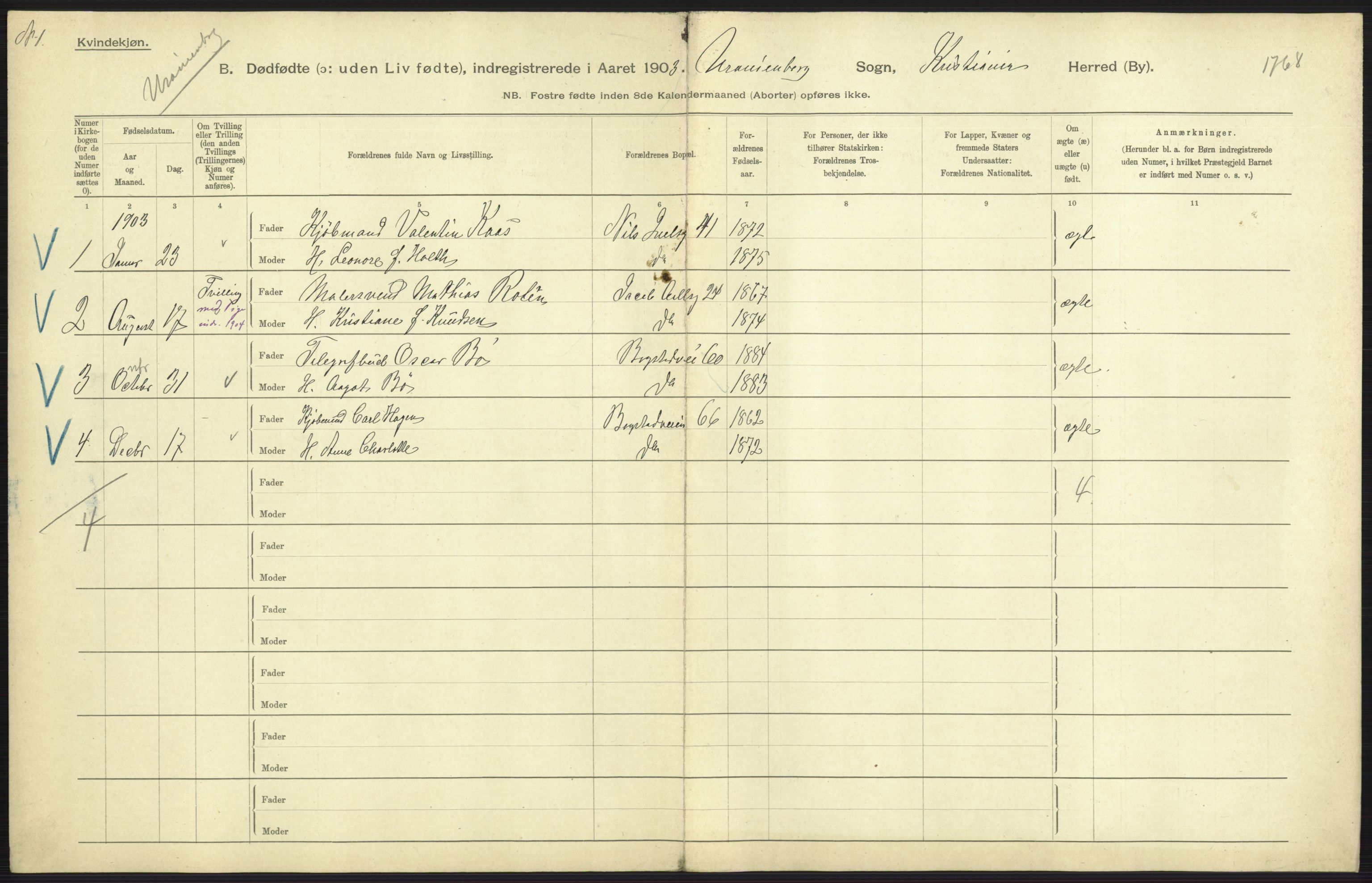 Statistisk sentralbyrå, Sosiodemografiske emner, Befolkning, AV/RA-S-2228/D/Df/Dfa/Dfaa/L0026: Smålenenes - Finnmarkens amt: Dødfødte. Byer., 1903, p. 19