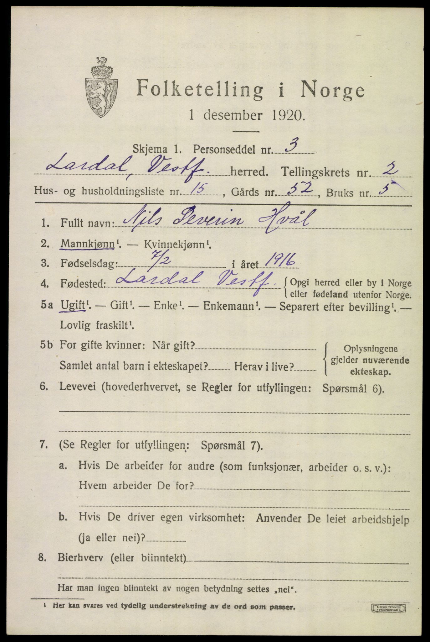 SAKO, 1920 census for Lardal, 1920, p. 2153