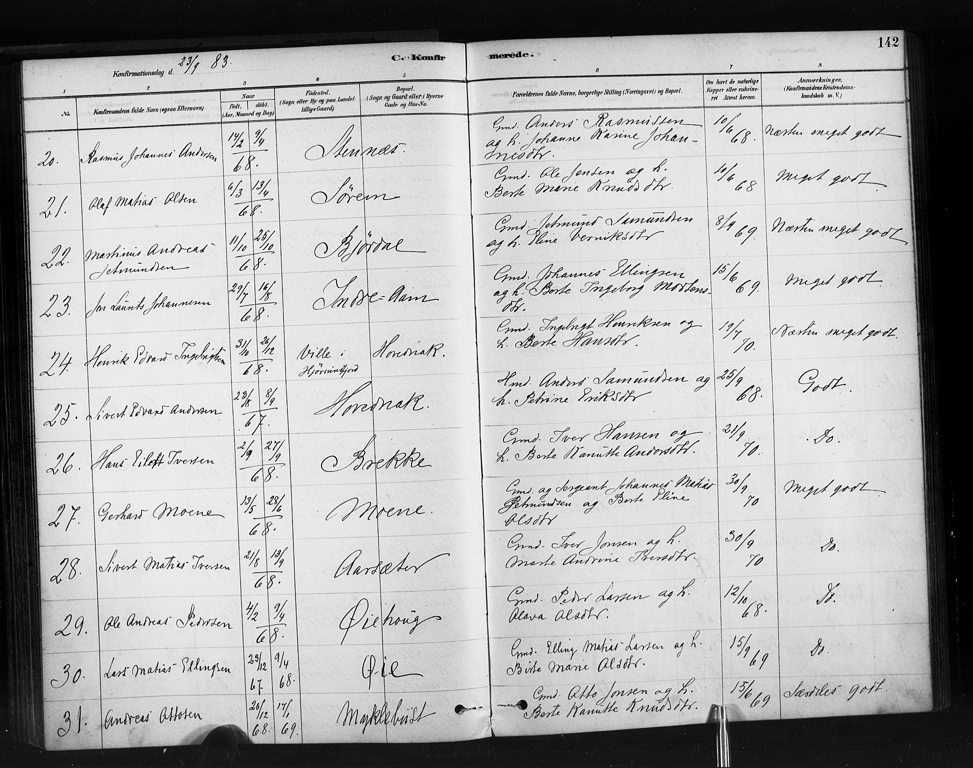 Ministerialprotokoller, klokkerbøker og fødselsregistre - Møre og Romsdal, AV/SAT-A-1454/513/L0176: Parish register (official) no. 513A03, 1877-1889, p. 142