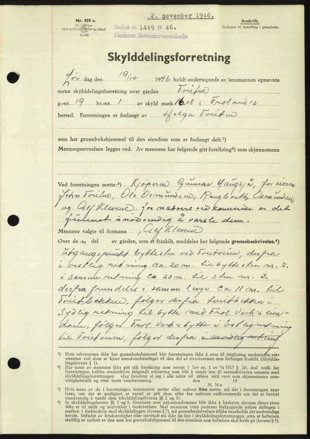 Nedenes sorenskriveri, AV/SAK-1221-0006/G/Gb/Gba/L0056: Mortgage book no. A8, 1946-1947, Diary no: : 1449/1946