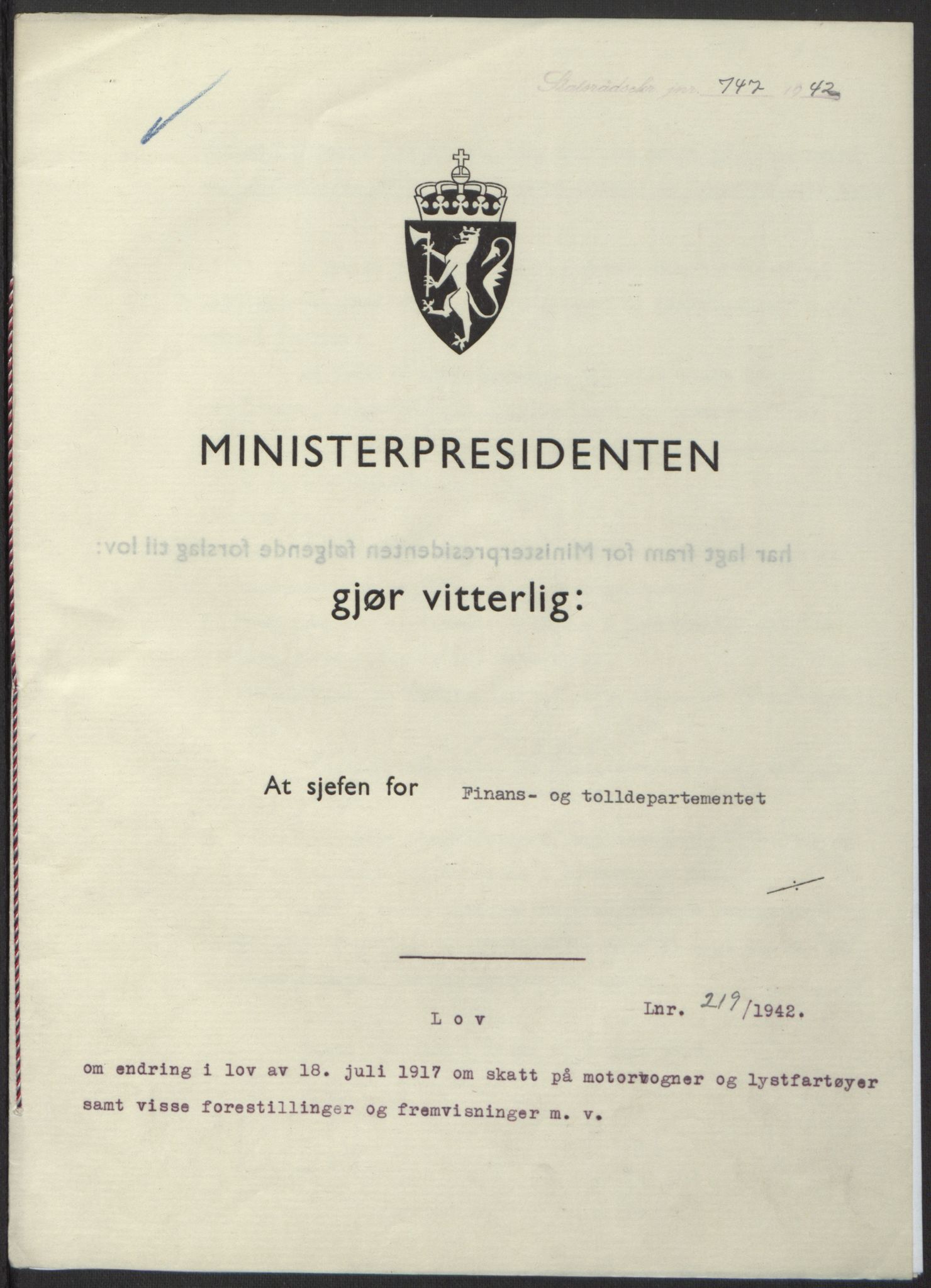 NS-administrasjonen 1940-1945 (Statsrådsekretariatet, de kommisariske statsråder mm), RA/S-4279/D/Db/L0098: Lover II, 1942, p. 512