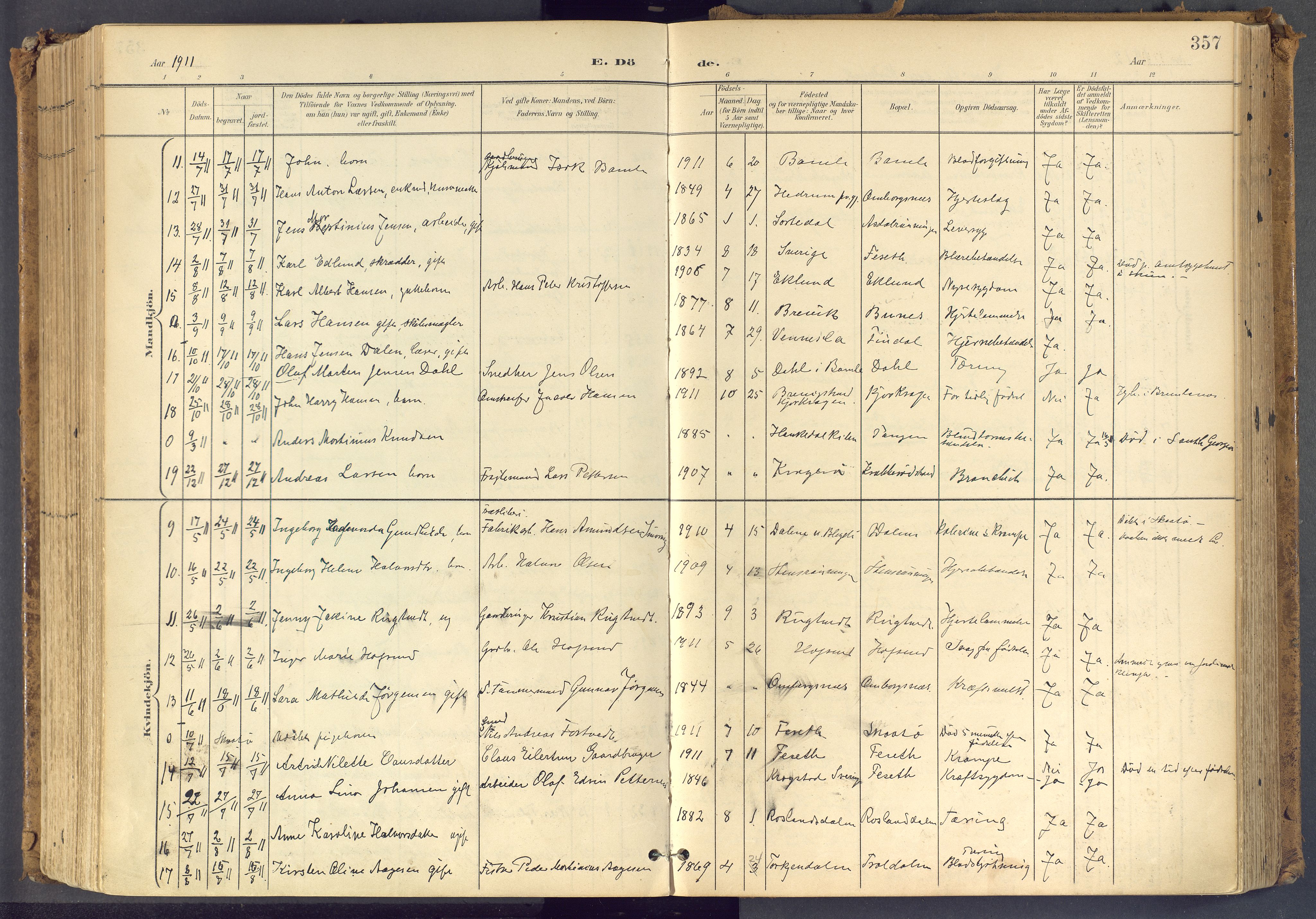 Bamble kirkebøker, SAKO/A-253/F/Fa/L0009: Parish register (official) no. I 9, 1901-1917, p. 357