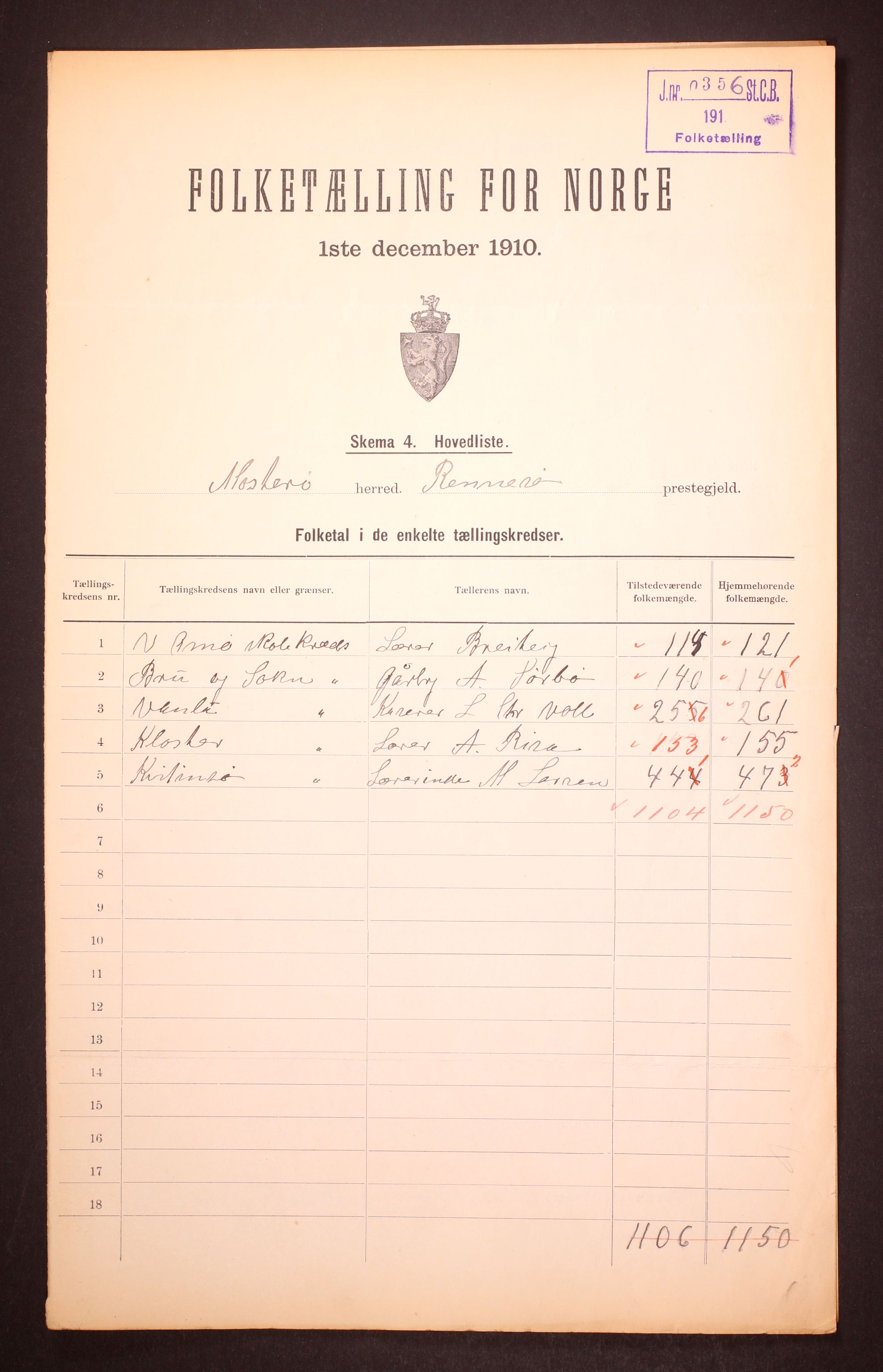 RA, 1910 census for Mosterøy, 1910, p. 2