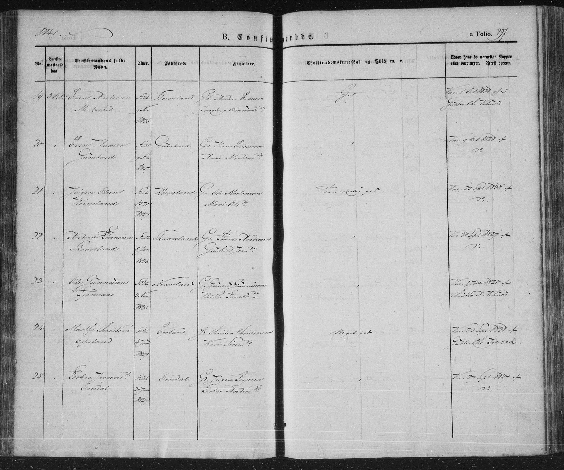 Vennesla sokneprestkontor, AV/SAK-1111-0045/Fa/Fac/L0004: Parish register (official) no. A 4, 1834-1855, p. 297