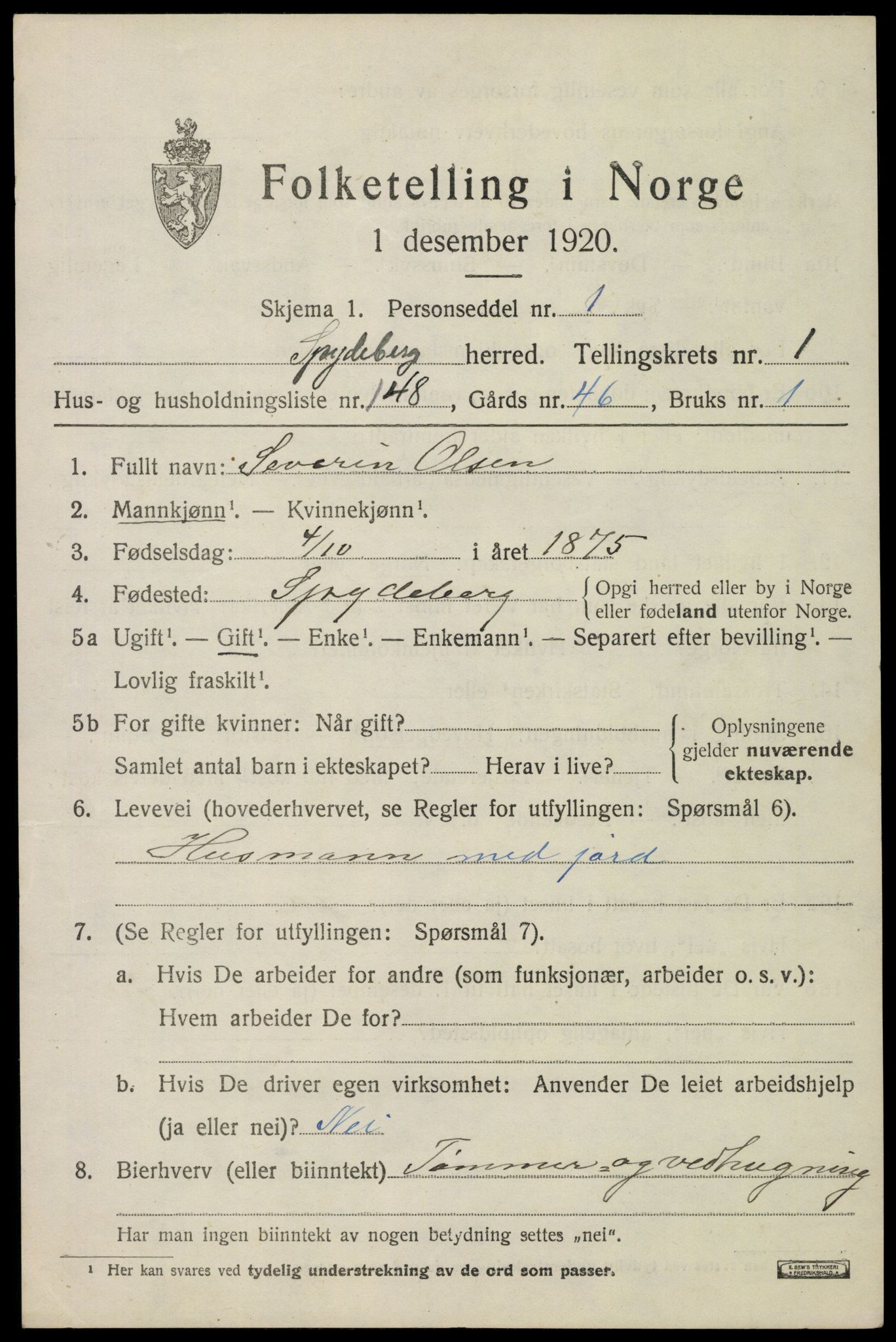 SAO, 1920 census for Spydeberg, 1920, p. 2801