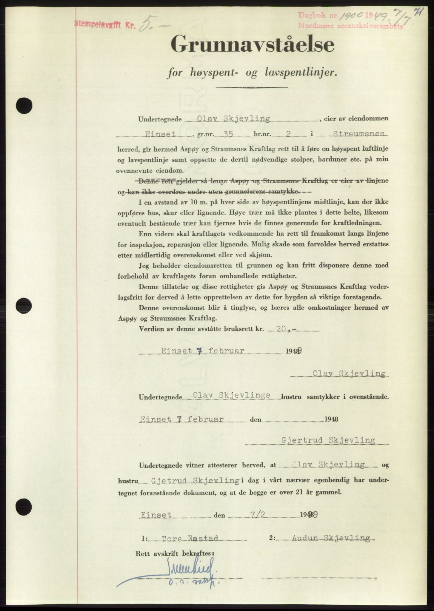 Nordmøre sorenskriveri, AV/SAT-A-4132/1/2/2Ca: Mortgage book no. B102, 1949-1949, Diary no: : 1900/1949