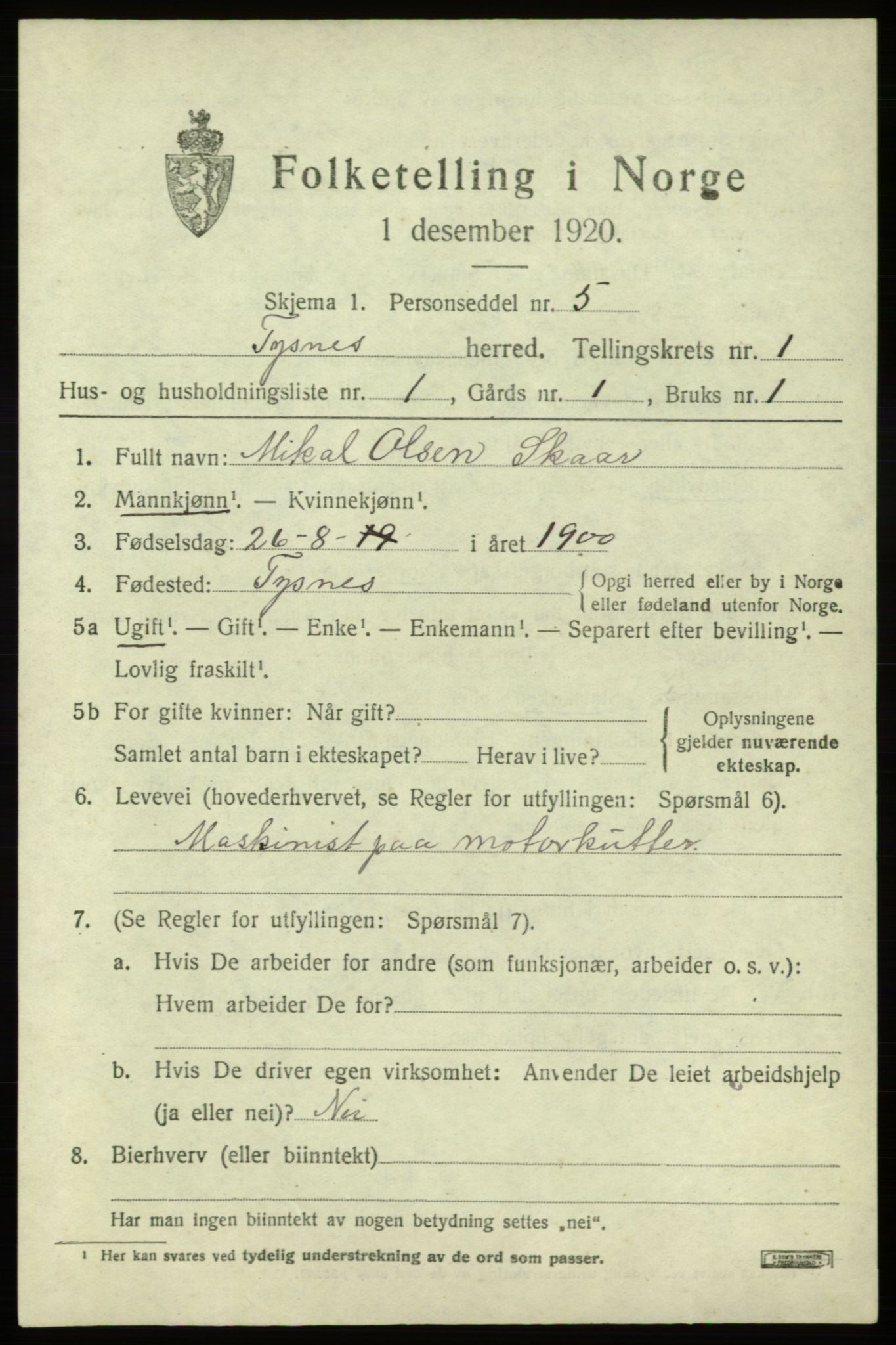 SAB, 1920 census for Tysnes, 1920, p. 1654