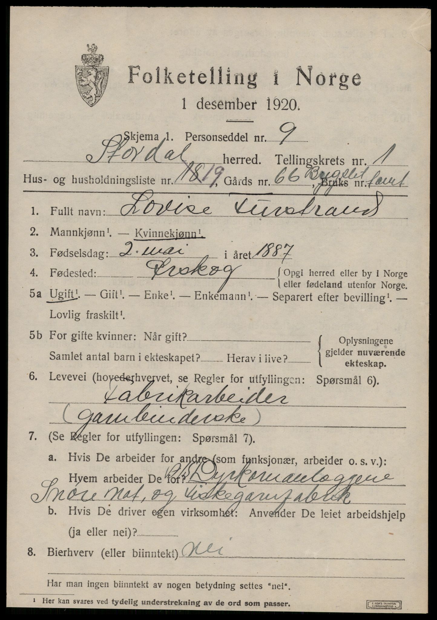 SAT, 1920 census for Stordal, 1920, p. 660