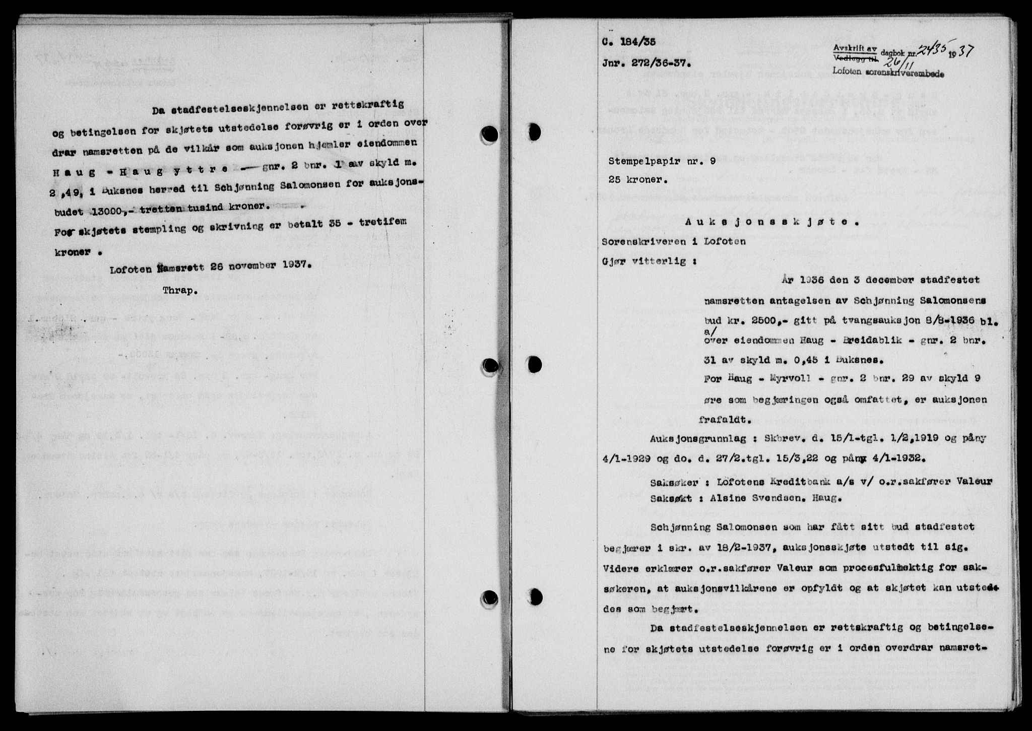 Lofoten sorenskriveri, SAT/A-0017/1/2/2C/L0003a: Mortgage book no. 3a, 1937-1938, Diary no: : 2435/1937