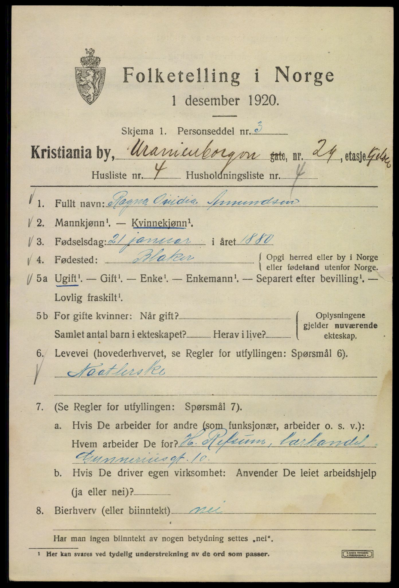 SAO, 1920 census for Kristiania, 1920, p. 620183