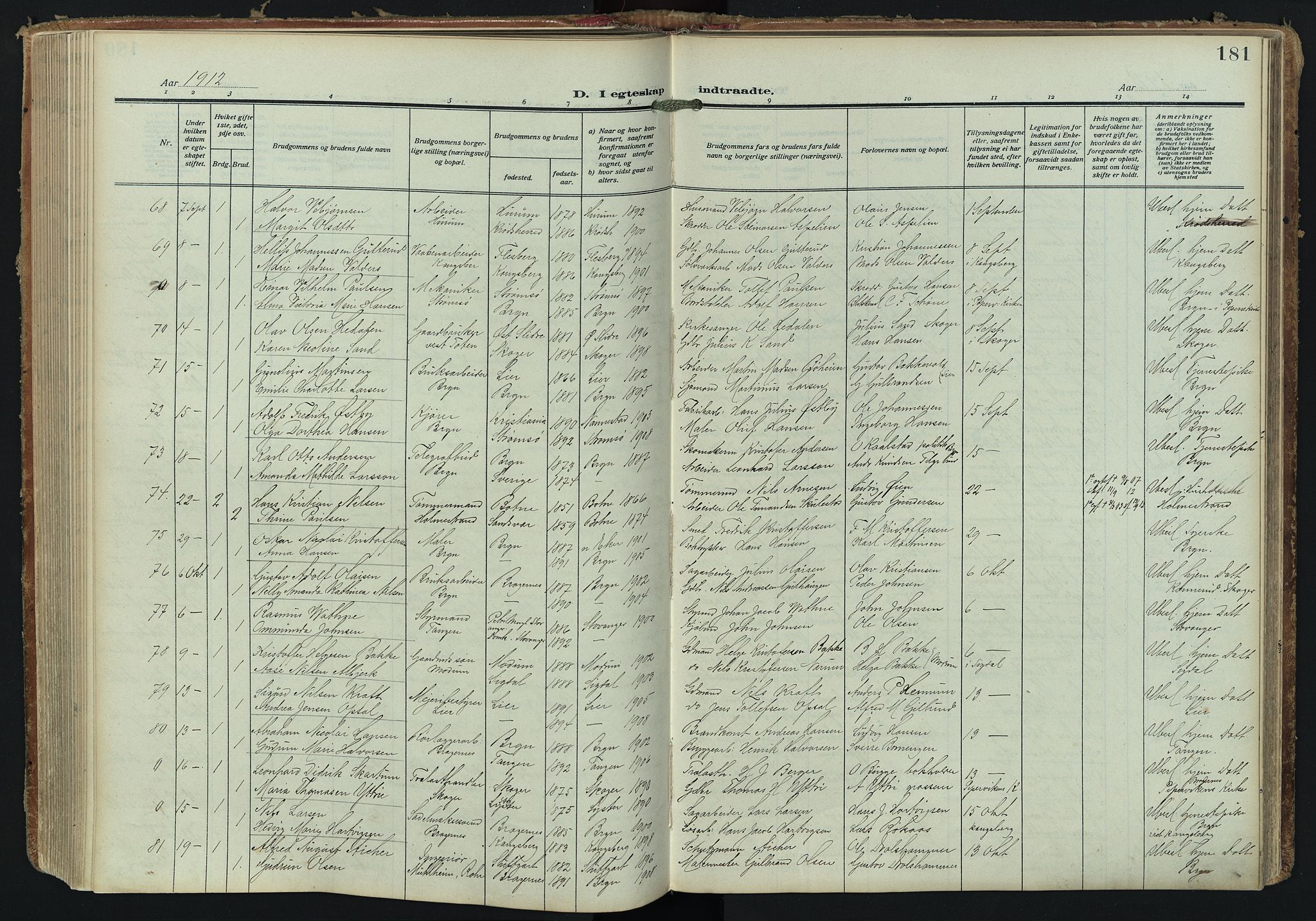 Bragernes kirkebøker, AV/SAKO-A-6/F/Fc/L0008: Parish register (official) no. III 8, 1909-1921, p. 181