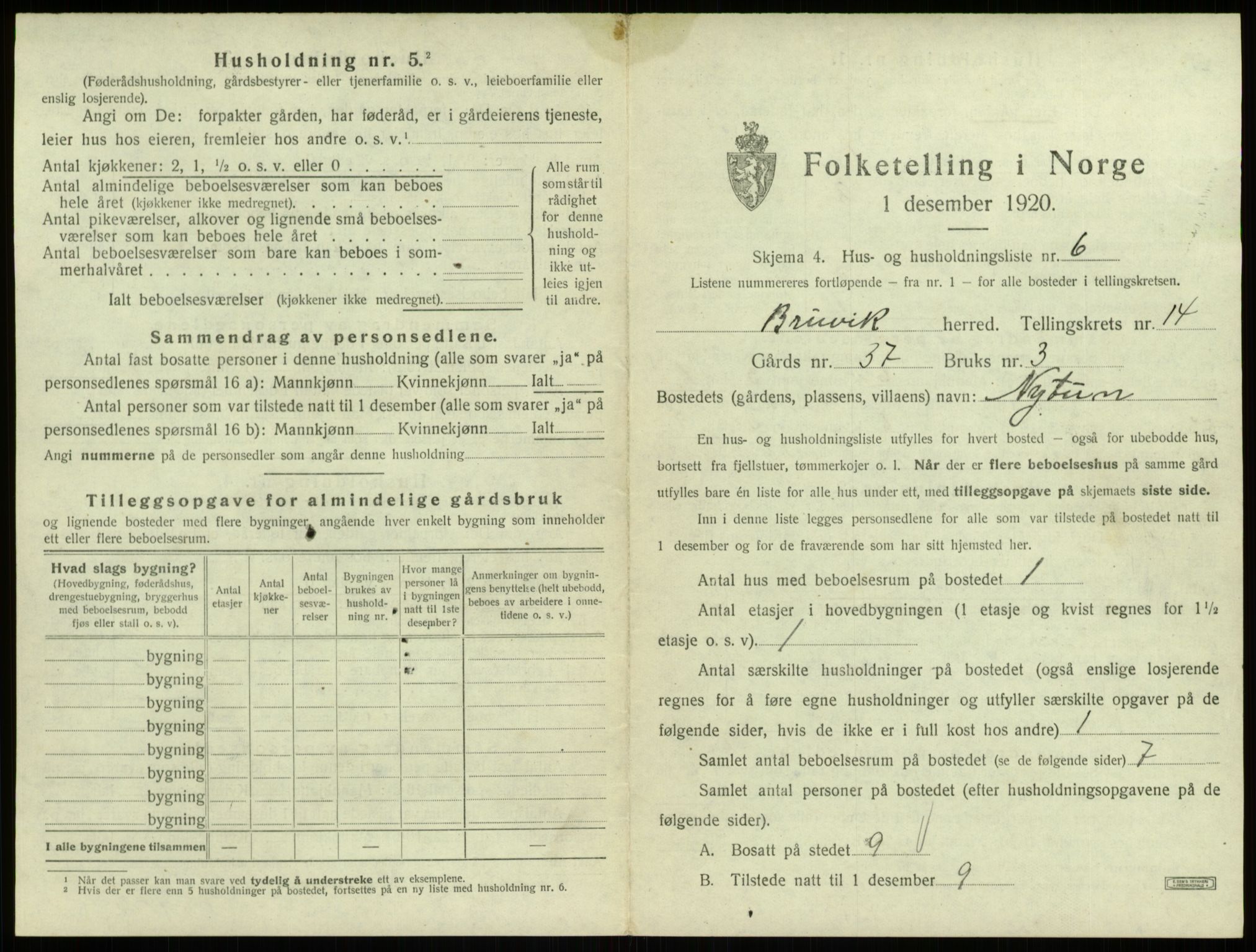 SAB, 1920 census for Bruvik, 1920, p. 950