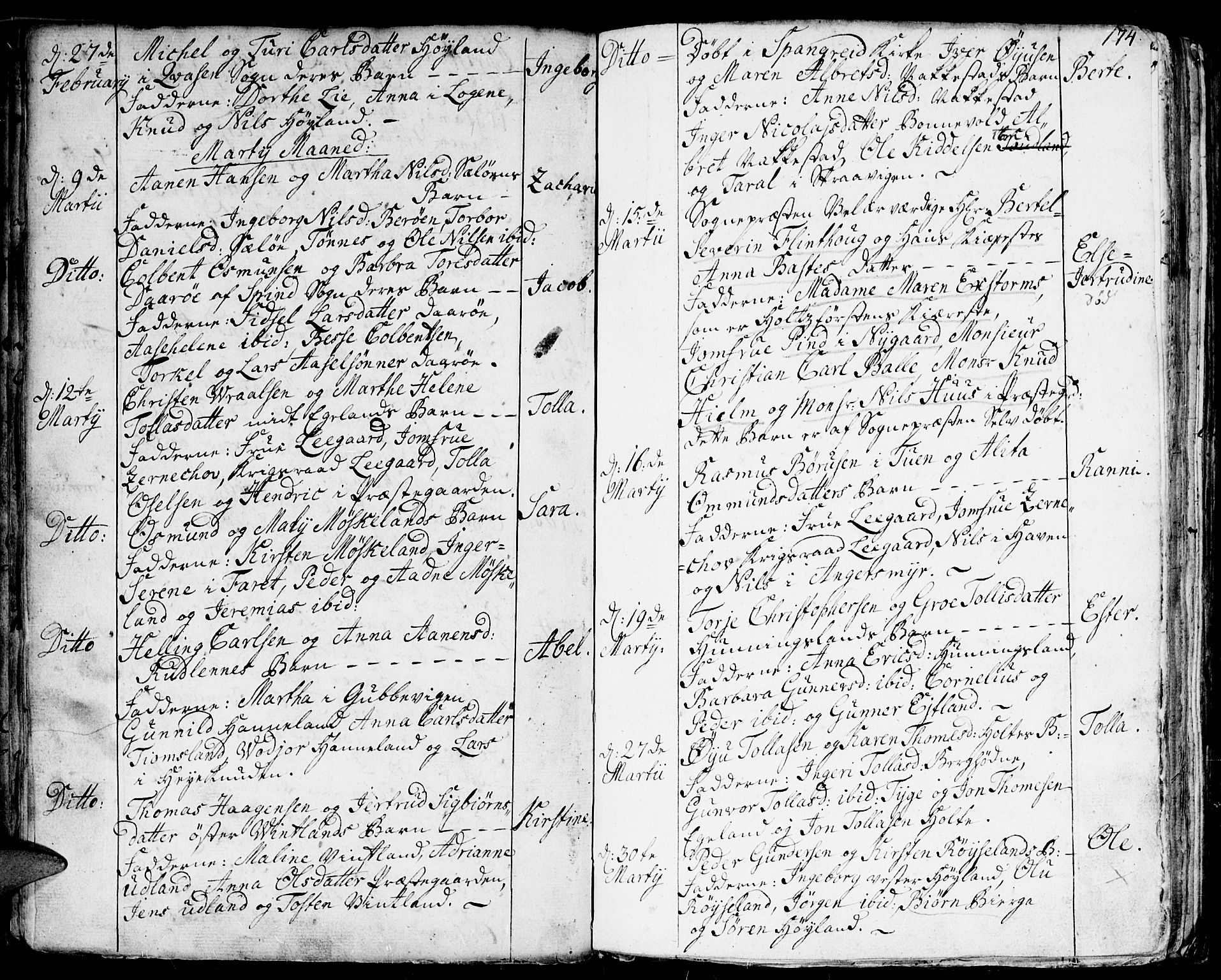 Lyngdal sokneprestkontor, SAK/1111-0029/F/Fa/Fac/L0001: Parish register (official) no. A 1, 1727-1779, p. 174