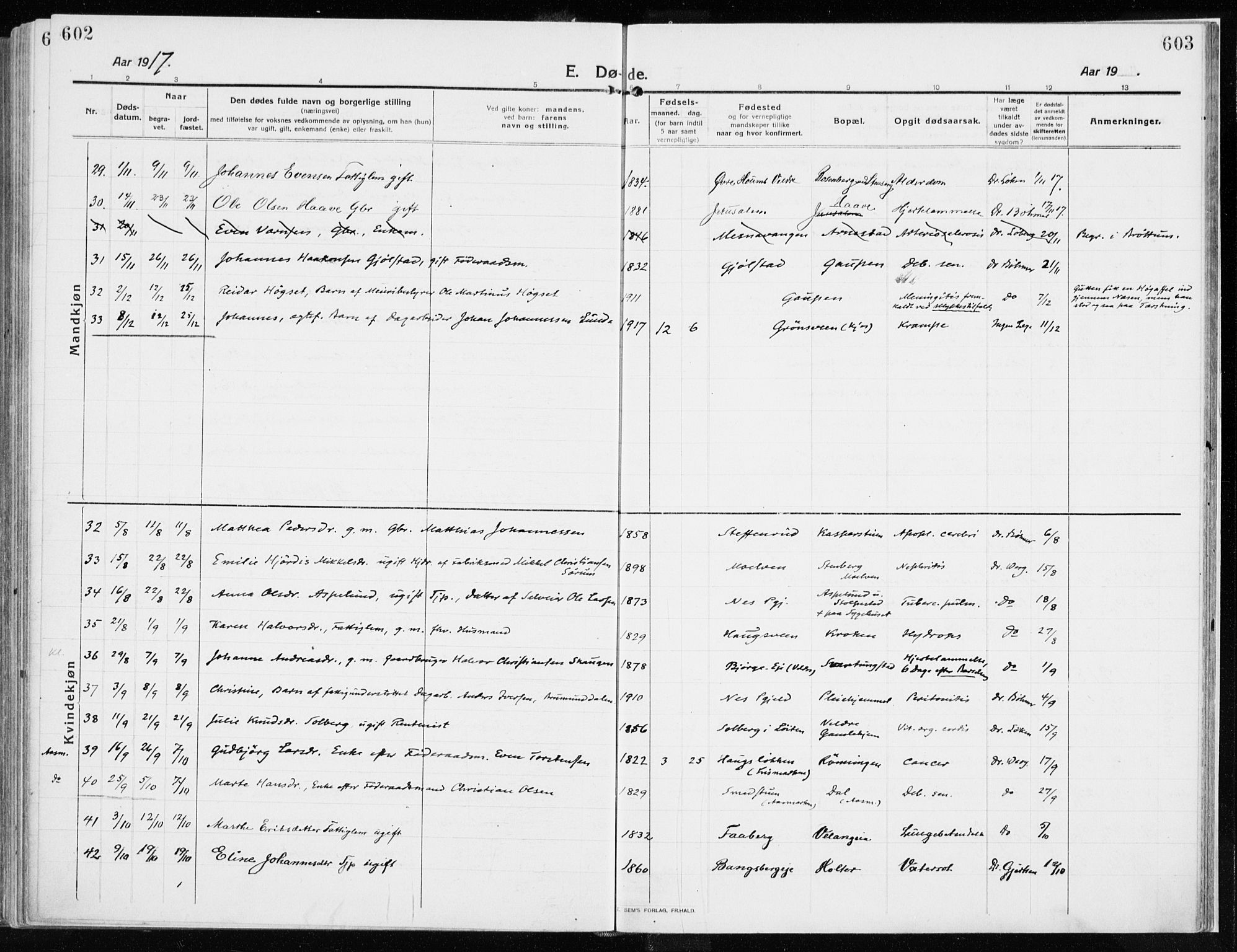 Ringsaker prestekontor, AV/SAH-PREST-014/K/Ka/L0020: Parish register (official) no. 20, 1913-1922, p. 602-603