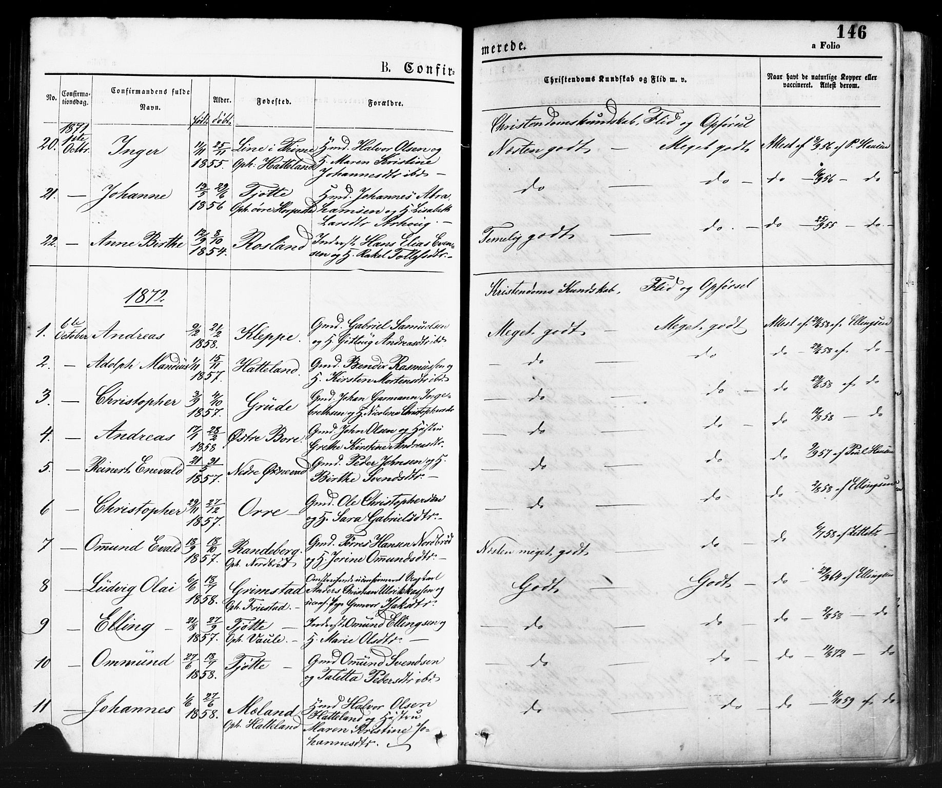 Klepp sokneprestkontor, AV/SAST-A-101803/001/3/30BA/L0006: Parish register (official) no. A 6, 1871-1885, p. 146