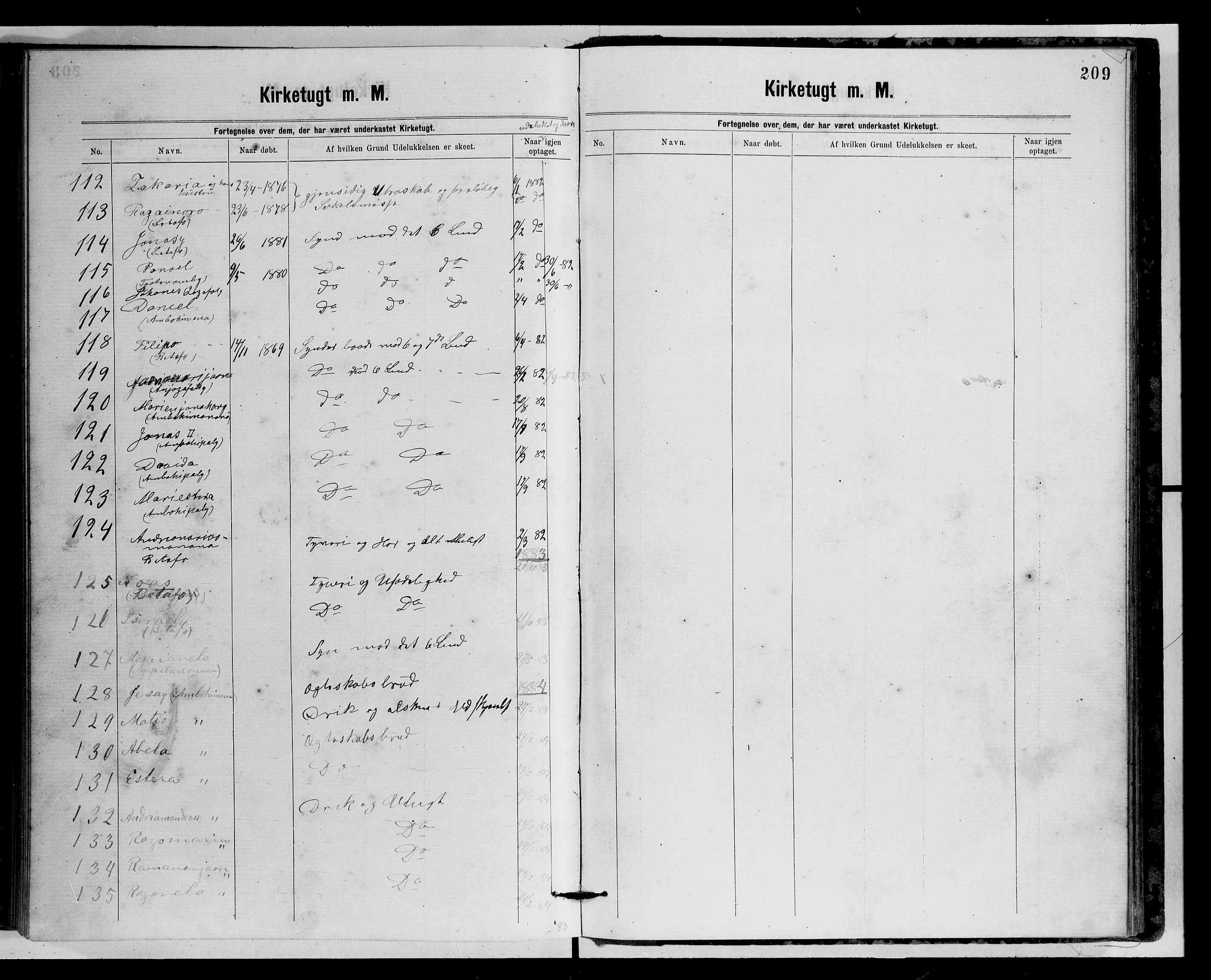 Archives FLM/NMS, Madagaskar, VID/MA-A-1163/D/Db/L0269: Parish register (official) no. 1, 1867-1884, p. 209